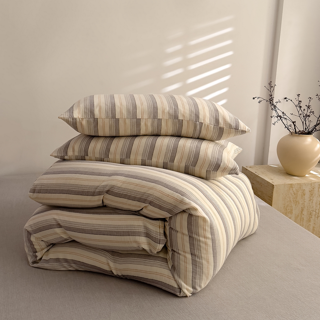 91家纺网 家纺一手货源 找家纺 DoDo 兜兜 2026新款全棉纯棉A类色织皱皱纱四件套 小半-灰