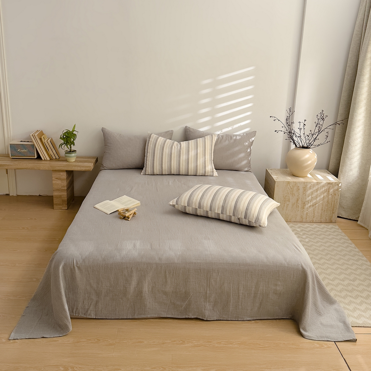 91家纺网 家纺一手货源 找家纺 DoDo 兜兜 2026新款全棉纯棉A类色织皱皱纱四件套 小半-灰