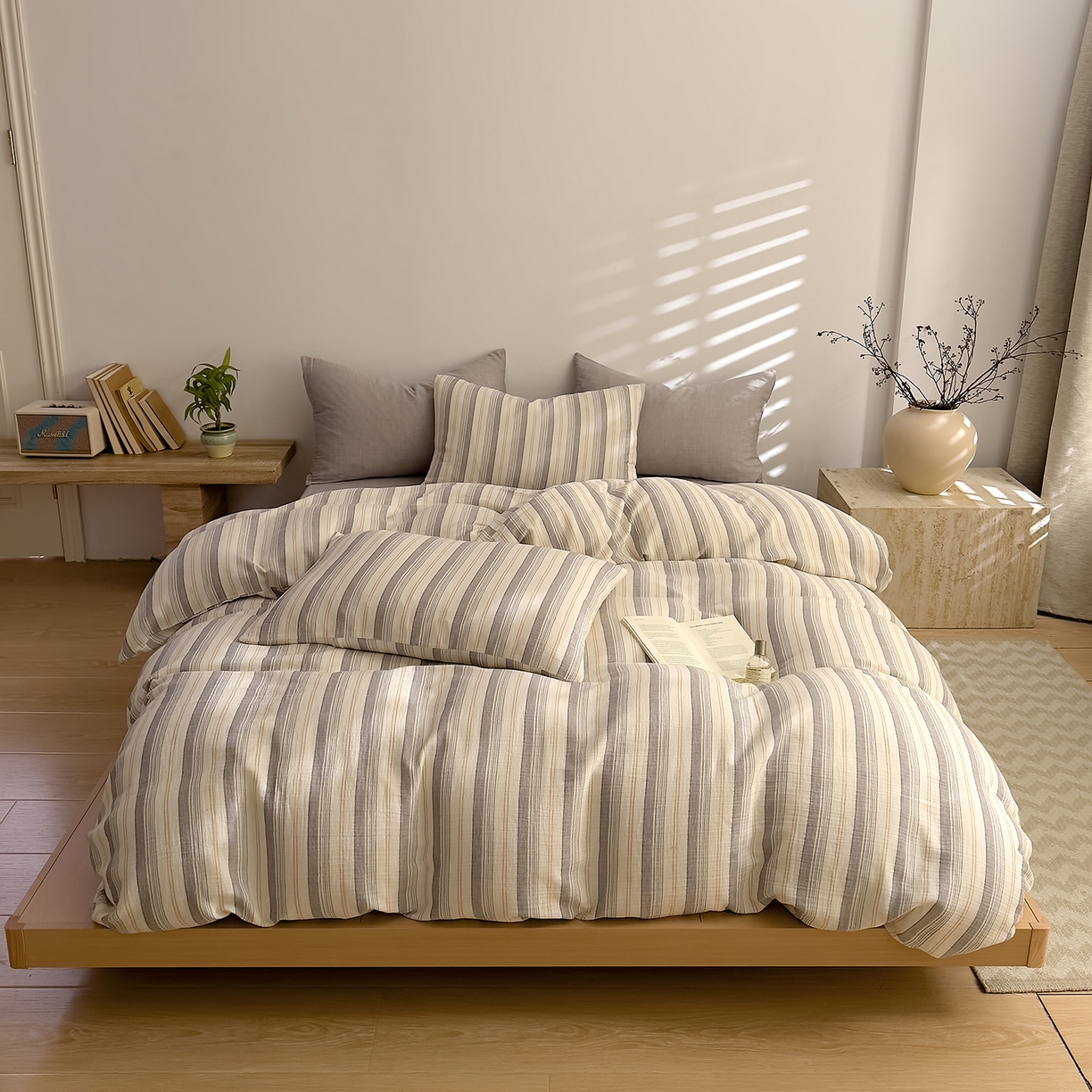 91家纺网 家纺一手货源 找家纺 DoDo 兜兜 2026新款全棉纯棉A类色织皱皱纱四件套 小半-灰