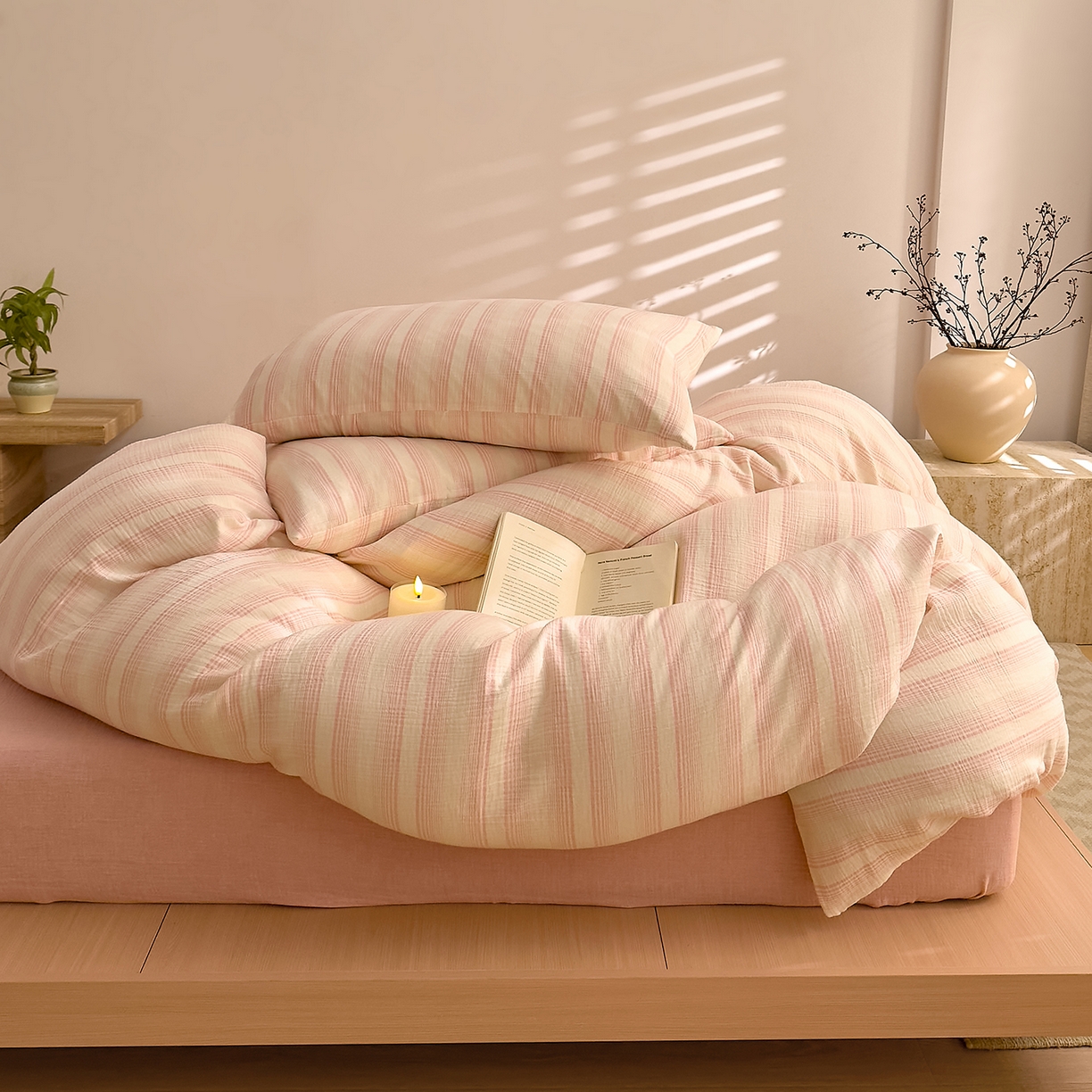 91家纺网 家纺一手货源 找家纺 DoDo 兜兜 2026新款全棉纯棉A类色织皱皱纱四件套 小半-粉