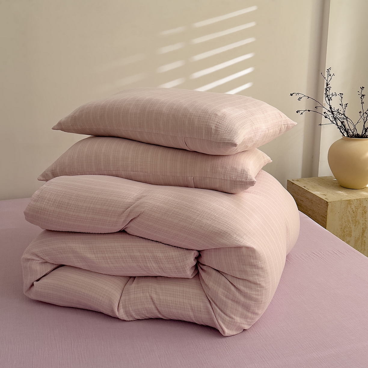 91家纺网 家纺一手货源 找家纺 DoDo 兜兜 2026新款全棉纯棉A类色织皱皱纱四件套 小半-紫