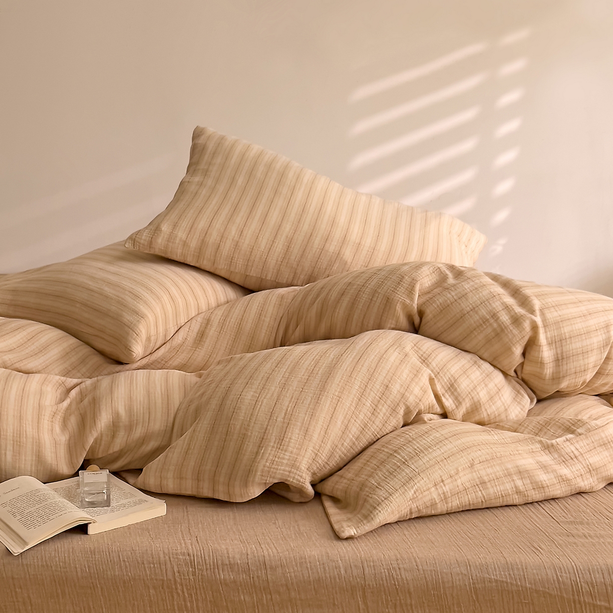 91家纺网 家纺一手货源 找家纺 DoDo 兜兜 2026新款全棉纯棉A类色织皱皱纱四件套 小半-棕