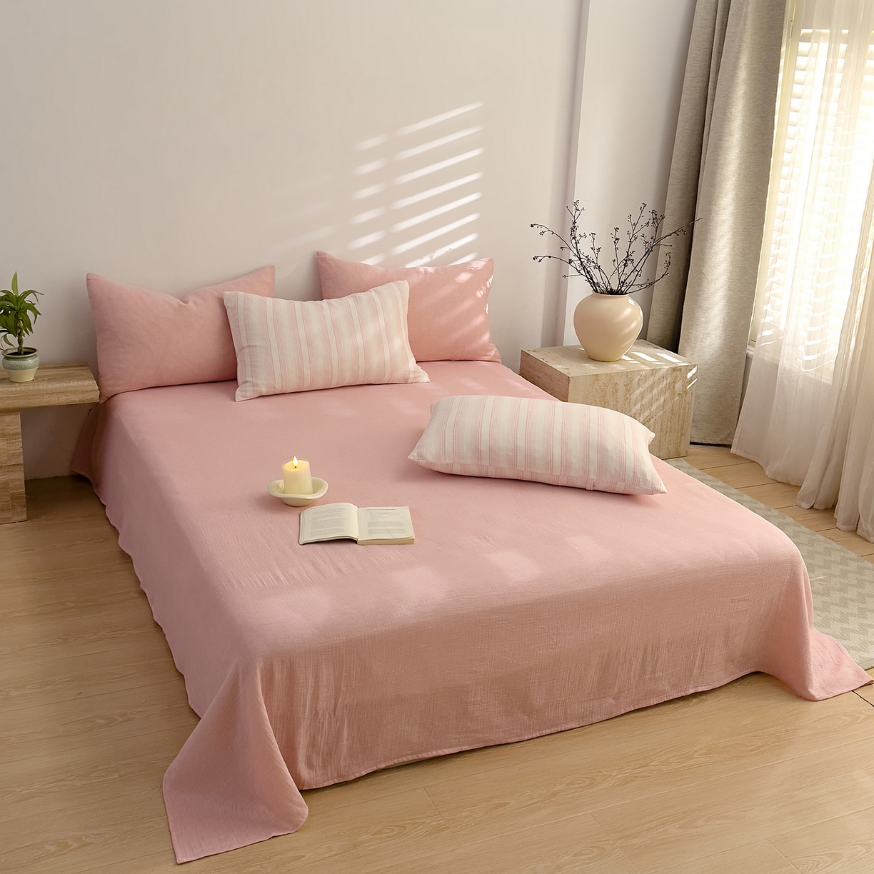 91家纺网 家纺一手货源 找家纺 DoDo 兜兜 2026新款全棉纯棉A类色织皱皱纱四件套 小半-粉