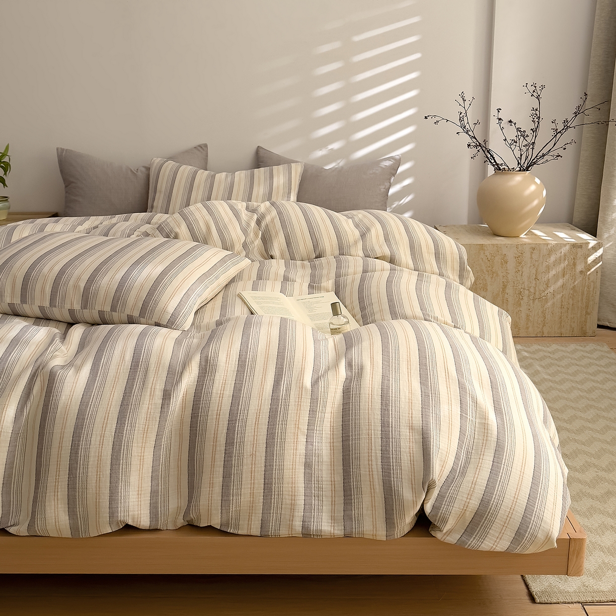 91家纺网 家纺一手货源 找家纺 DoDo 兜兜 2026新款全棉纯棉A类色织皱皱纱四件套 小半-灰