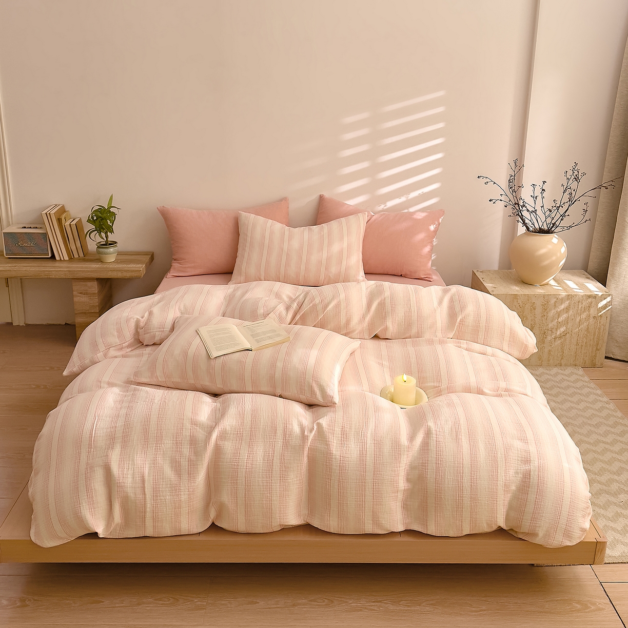 91家纺网 家纺一手货源 找家纺 DoDo 兜兜 2026新款全棉纯棉A类色织皱皱纱四件套 小半-粉