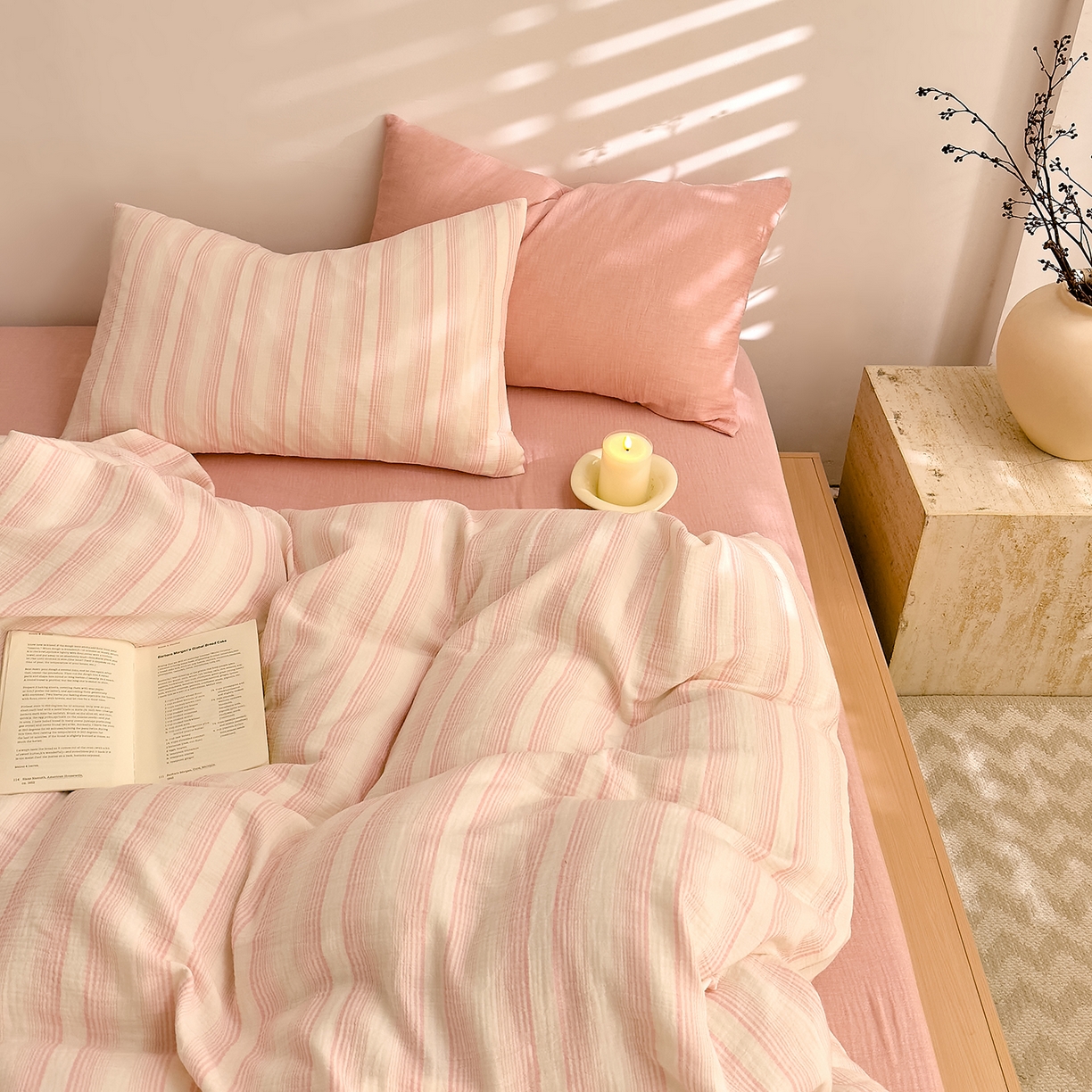 91家纺网 家纺一手货源 找家纺 DoDo 兜兜 2026新款全棉纯棉A类色织皱皱纱四件套 小半-粉