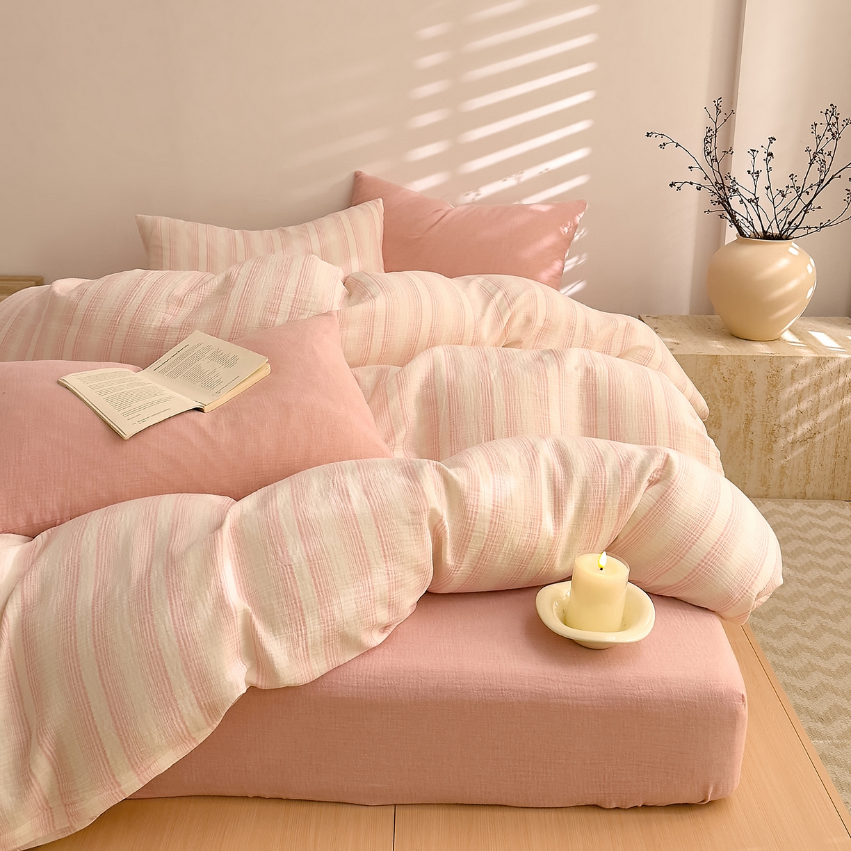 DoDo 兜兜 2026新款全棉纯棉A类色织皱皱纱四件套 小半-粉