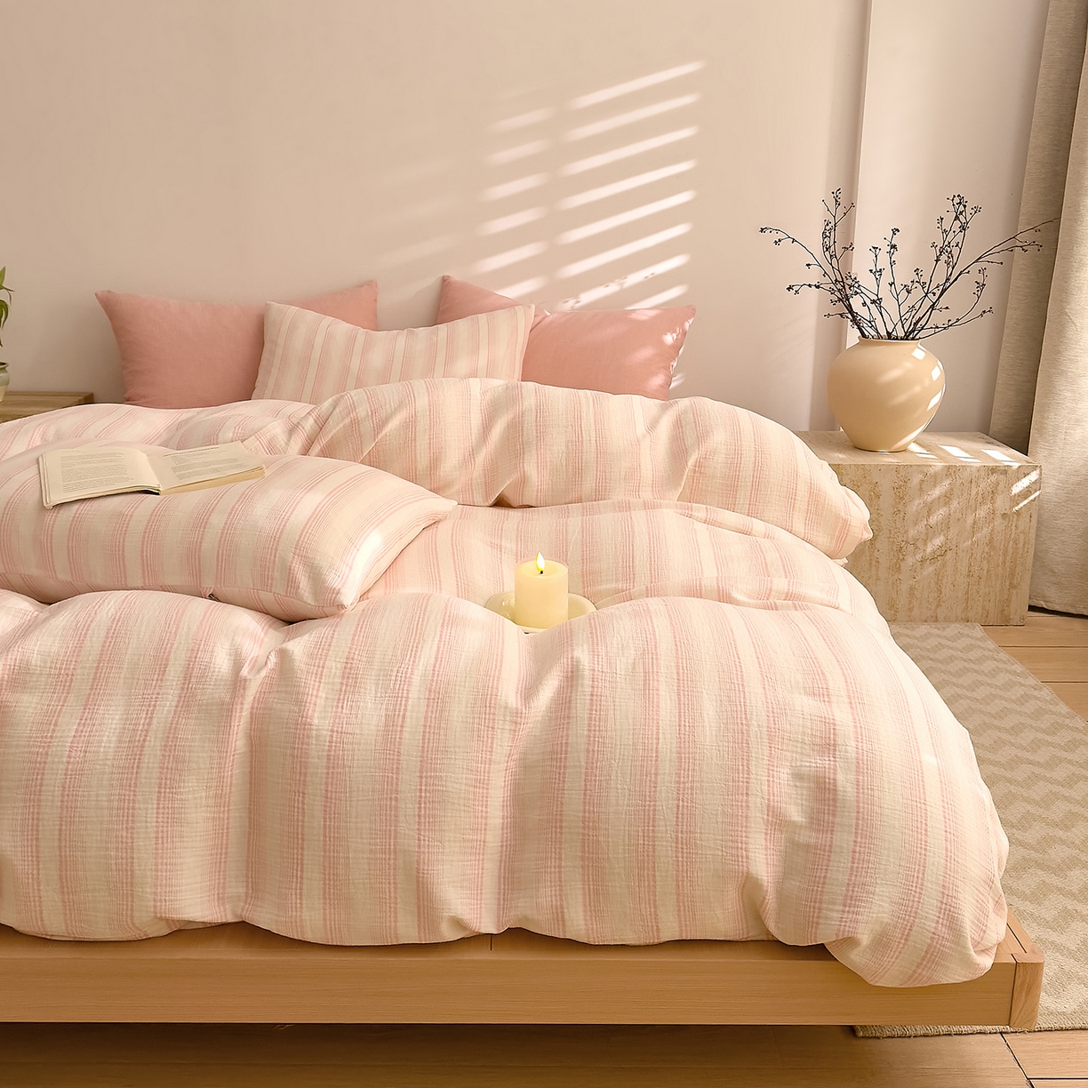 91家纺网 家纺一手货源 找家纺 DoDo 兜兜 2026新款全棉纯棉A类色织皱皱纱四件套 小半-粉