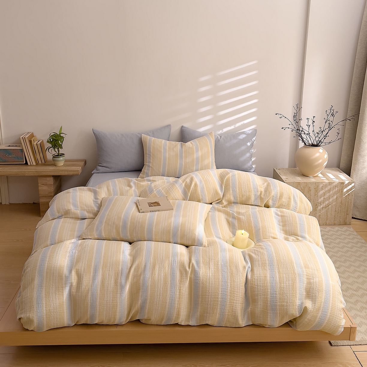 91家纺网 家纺一手货源 找家纺 DoDo 兜兜 2026新款全棉纯棉A类色织皱皱纱四件套 小半-蓝