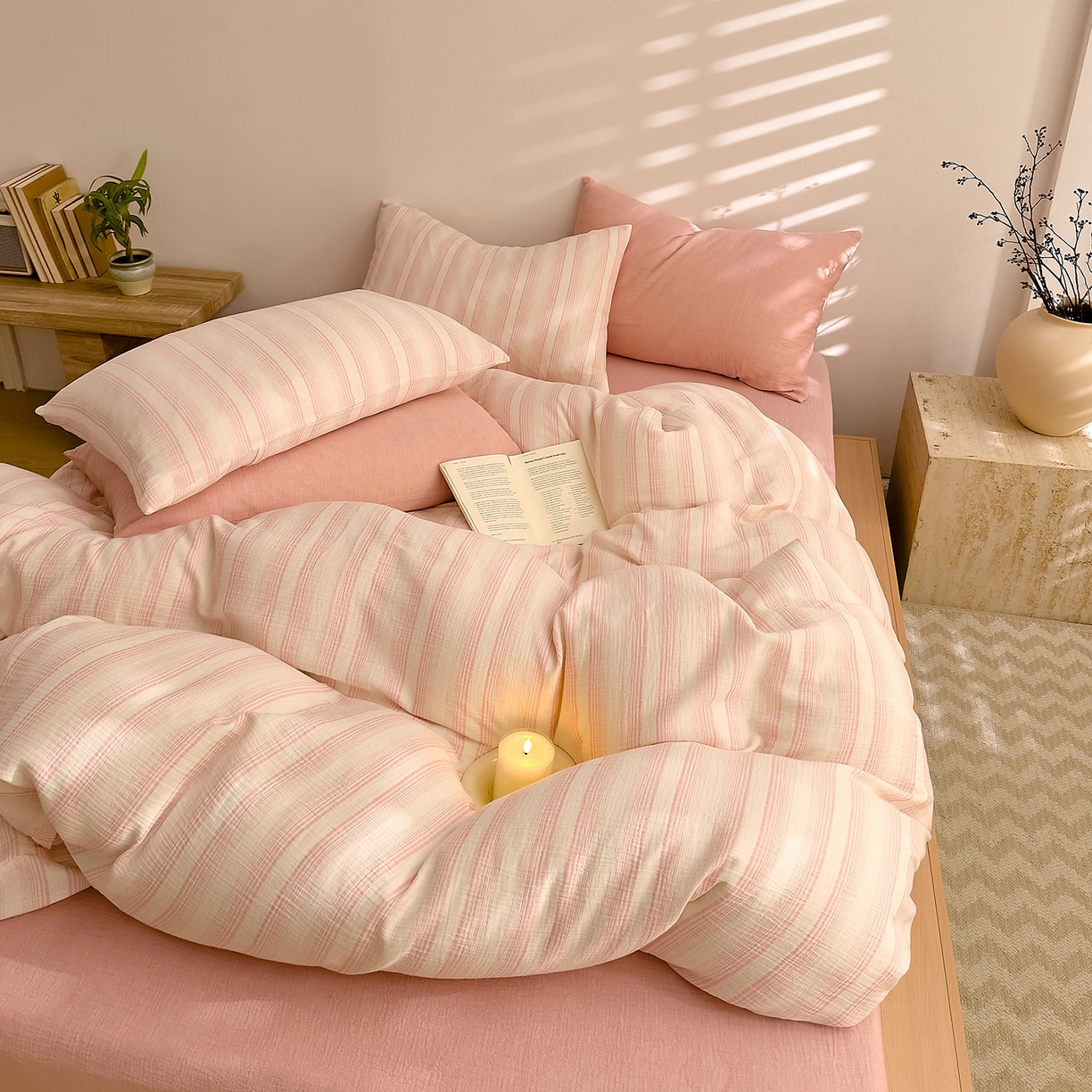 91家纺网 家纺一手货源 找家纺 DoDo 兜兜 2026新款全棉纯棉A类色织皱皱纱四件套 小半-粉