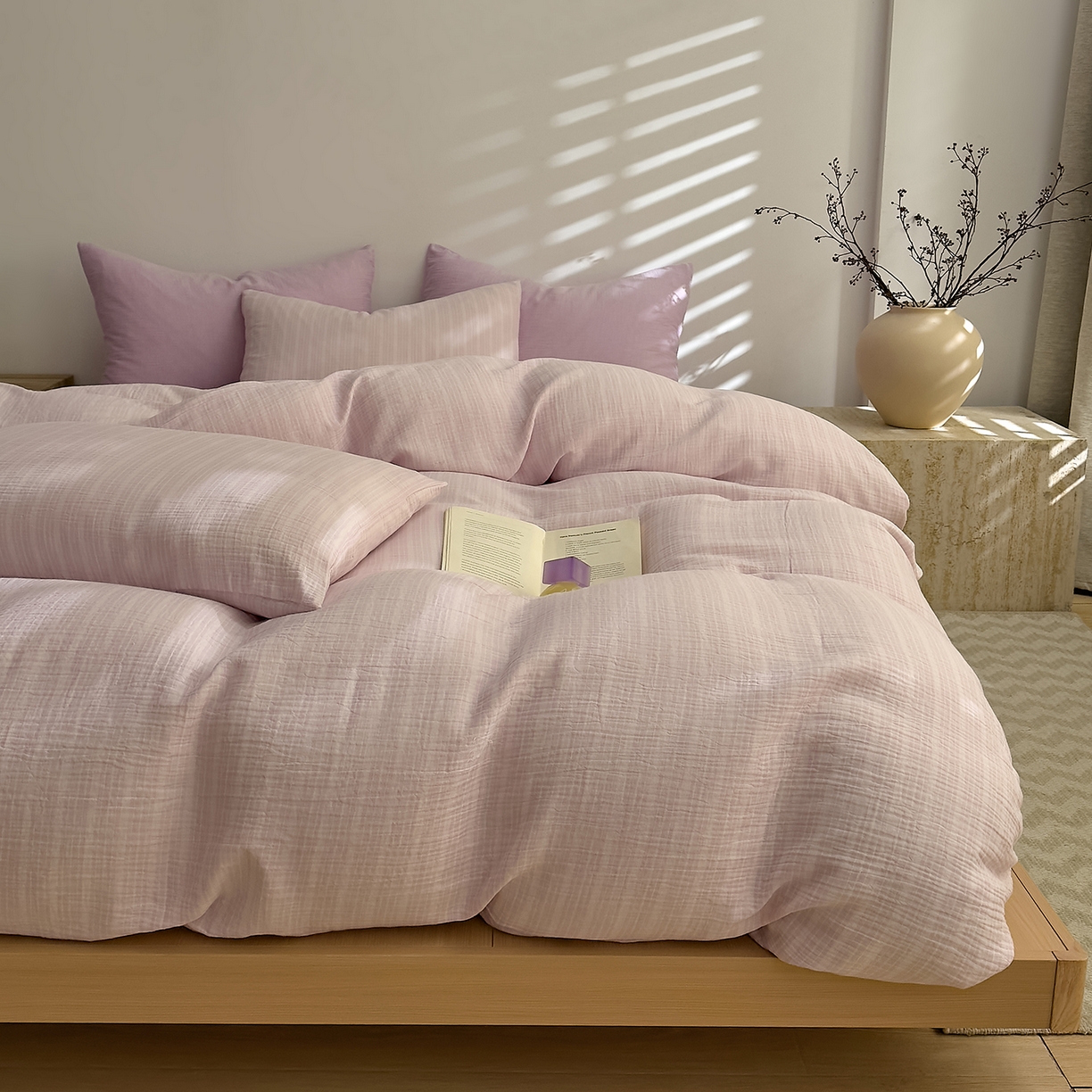 91家纺网 家纺一手货源 找家纺 DoDo 兜兜 2026新款全棉纯棉A类色织皱皱纱四件套 小半-紫