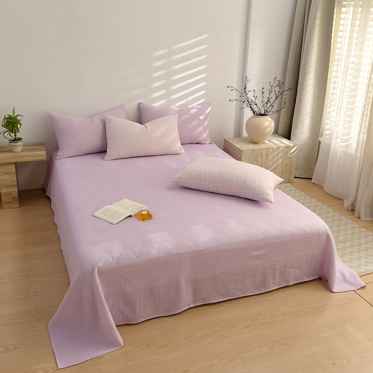 91家纺网 家纺一手货源 找家纺 DoDo 兜兜 2026新款全棉纯棉A类色织皱皱纱四件套 小半-紫