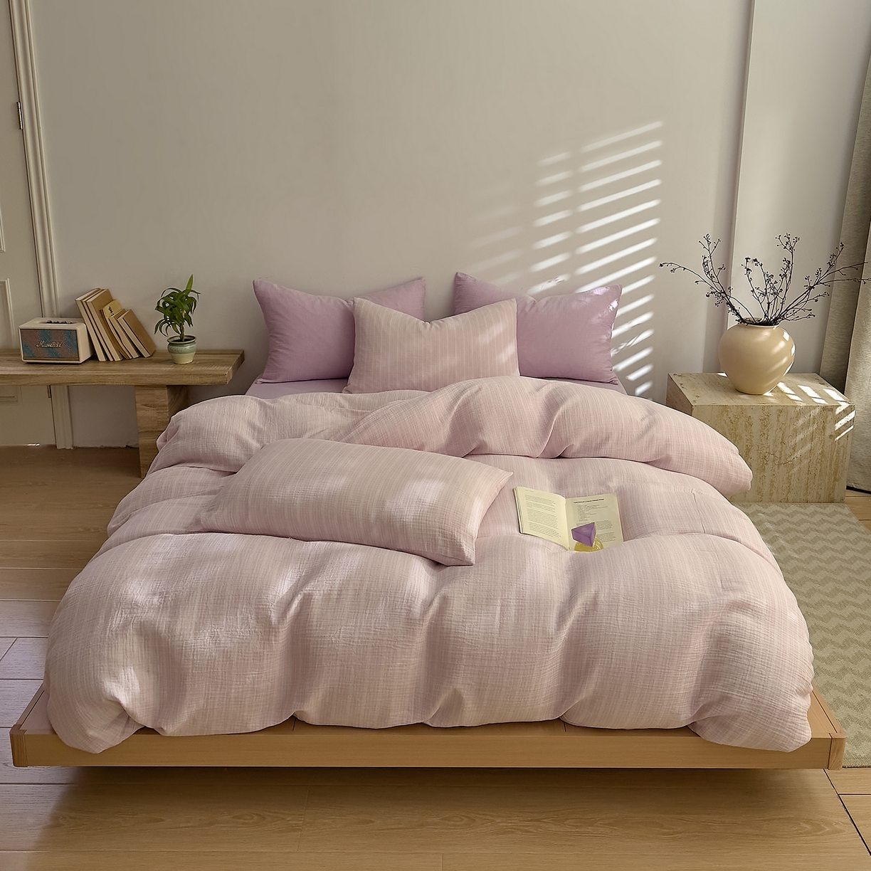 91家纺网 家纺一手货源 找家纺 DoDo 兜兜 2026新款全棉纯棉A类色织皱皱纱四件套 小半-紫