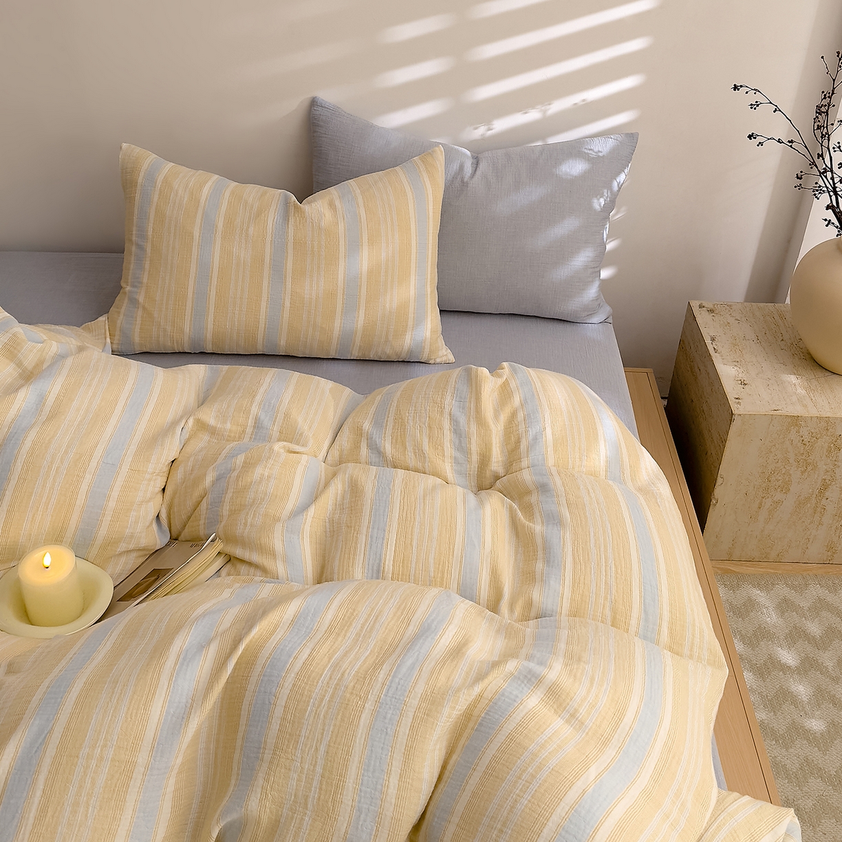 91家纺网 家纺一手货源 找家纺 DoDo 兜兜 2026新款全棉纯棉A类色织皱皱纱四件套 小半-蓝