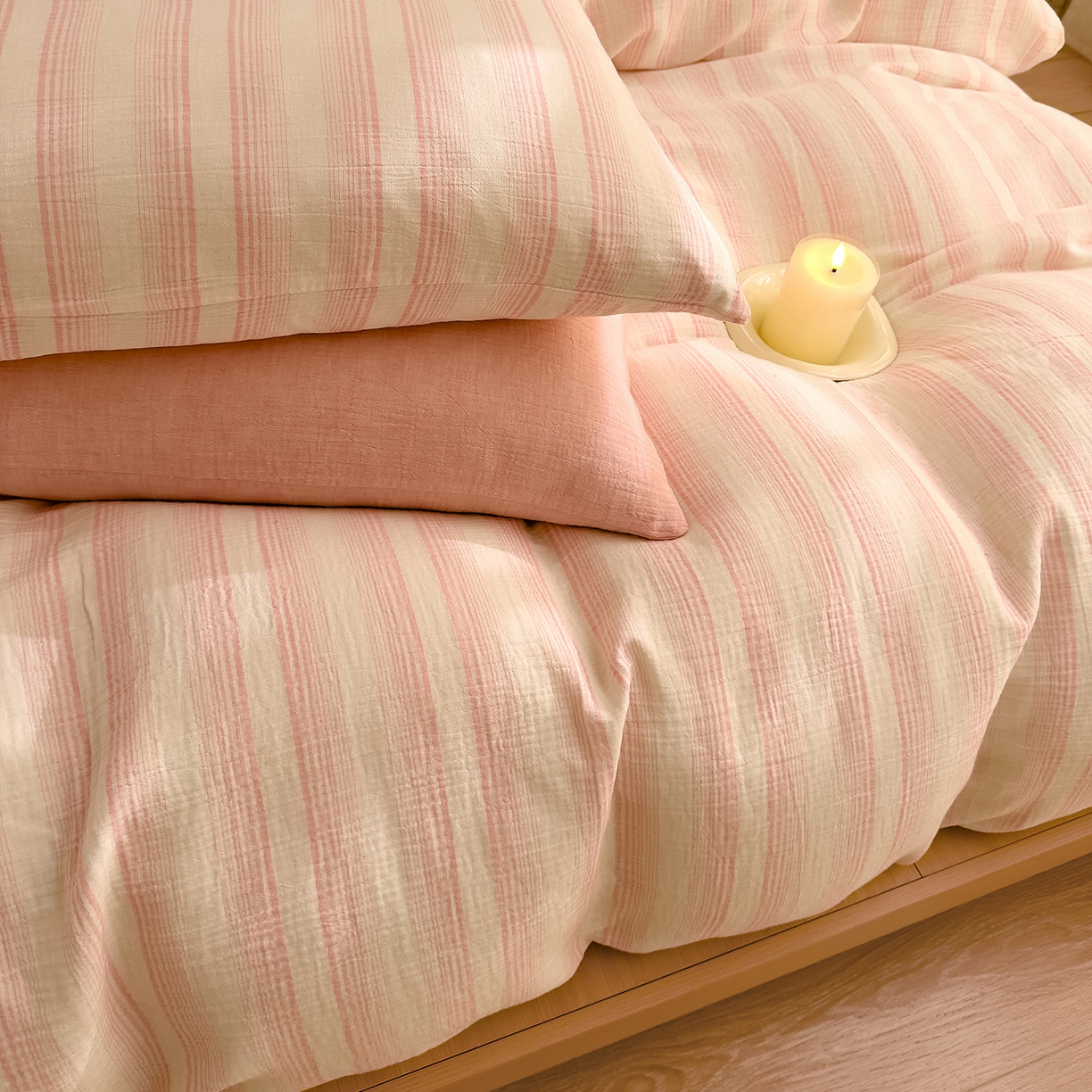 91家纺网 家纺一手货源 找家纺 DoDo 兜兜 2026新款全棉纯棉A类色织皱皱纱四件套 小半-粉