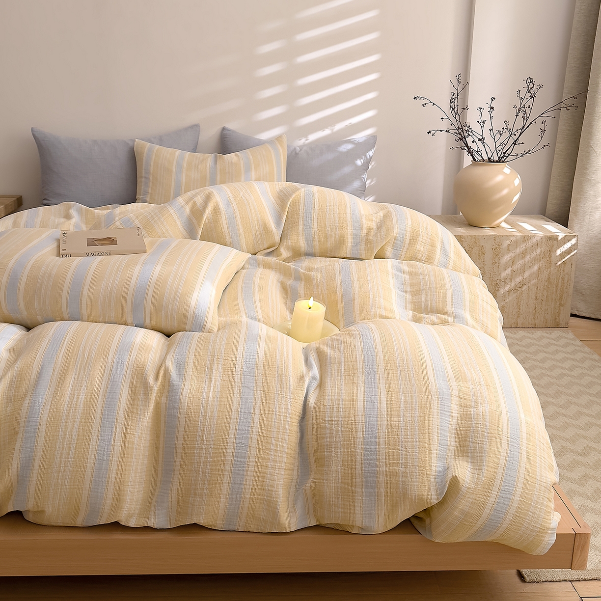 91家纺网 家纺一手货源 找家纺 DoDo 兜兜 2026新款全棉纯棉A类色织皱皱纱四件套 小半-蓝