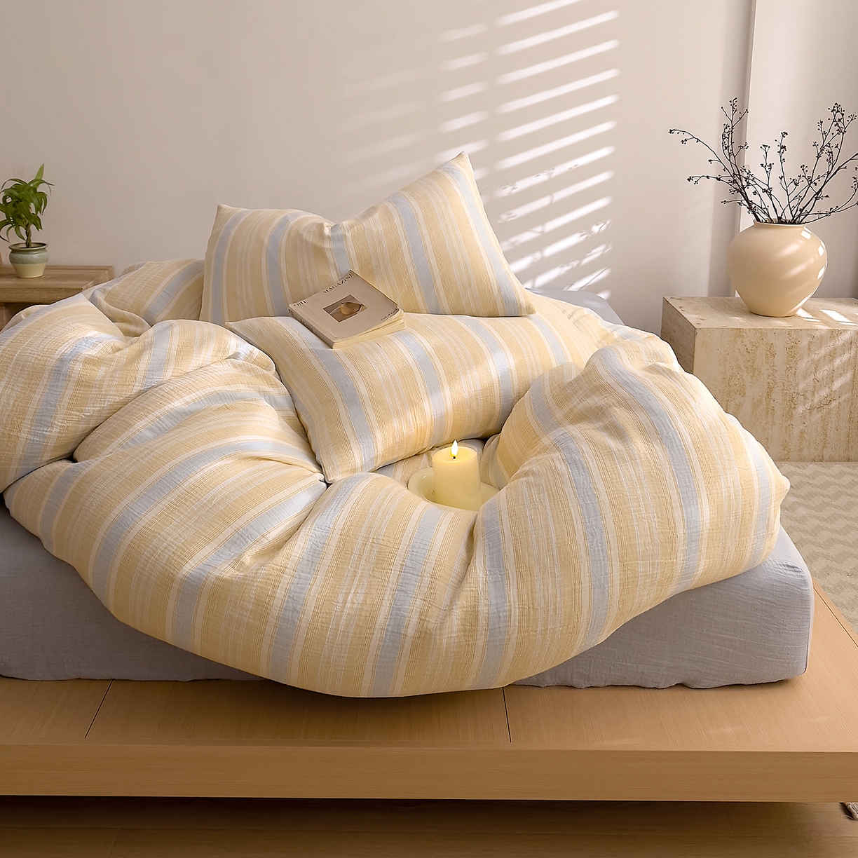 91家纺网 家纺一手货源 找家纺 DoDo 兜兜 2026新款全棉纯棉A类色织皱皱纱四件套 小半-蓝