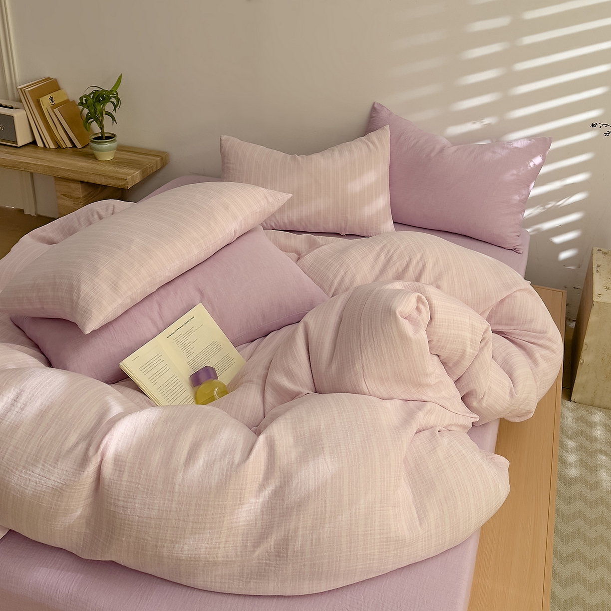 91家纺网 家纺一手货源 找家纺 DoDo 兜兜 2026新款全棉纯棉A类色织皱皱纱四件套 小半-紫