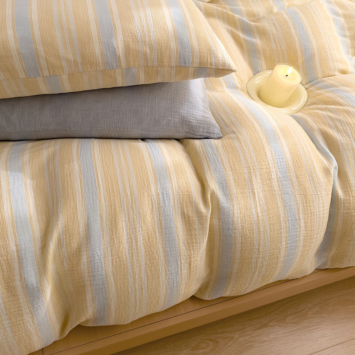 91家纺网 家纺一手货源 找家纺 DoDo 兜兜 2026新款全棉纯棉A类色织皱皱纱四件套 小半-蓝