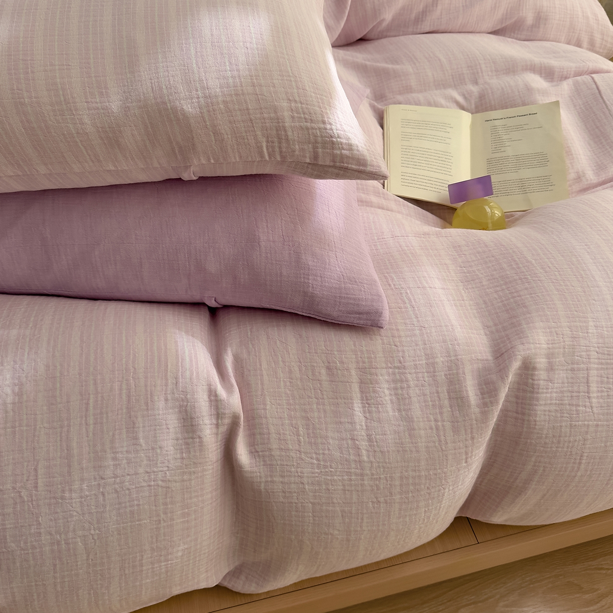 91家纺网 家纺一手货源 找家纺 DoDo 兜兜 2026新款全棉纯棉A类色织皱皱纱四件套 小半-紫