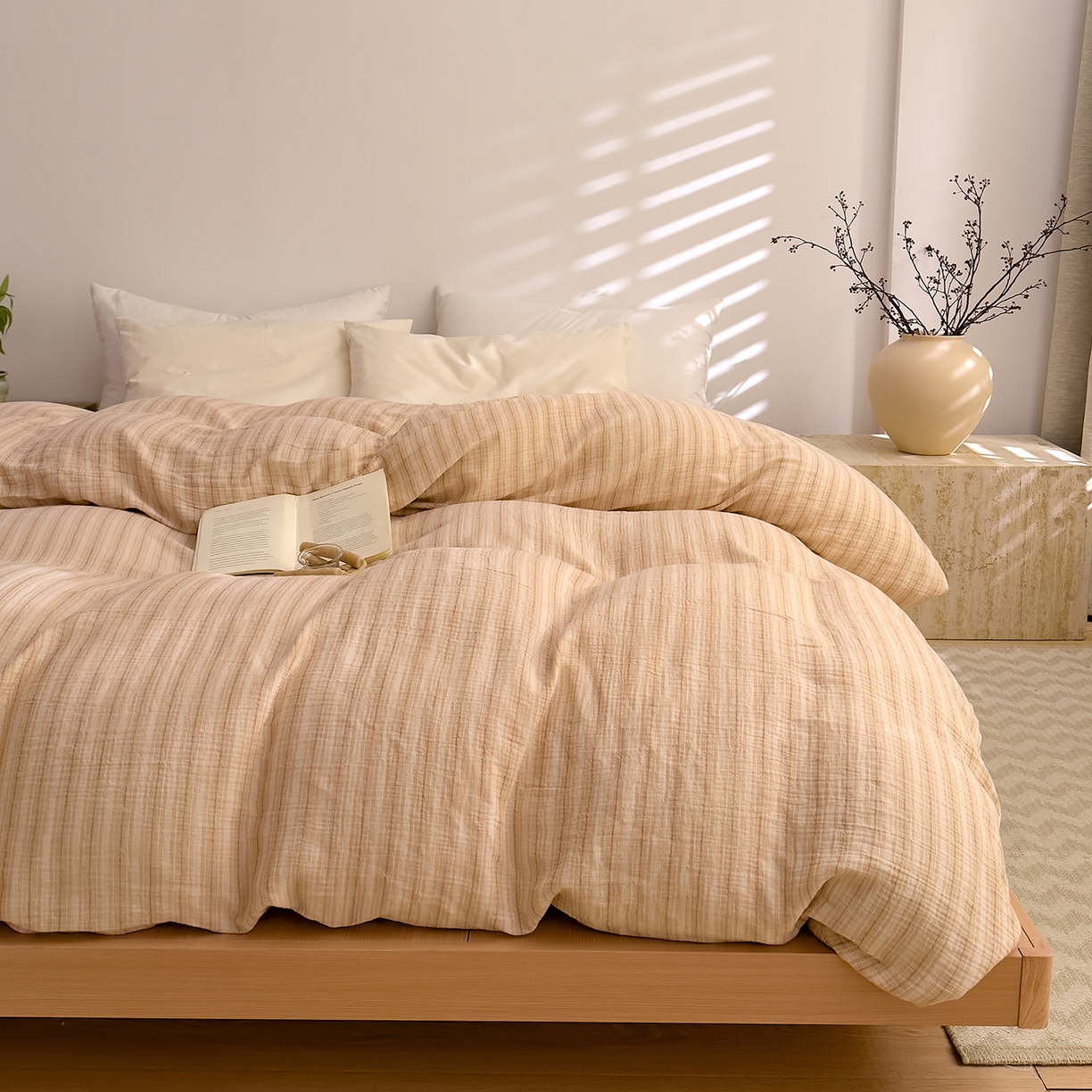 91家纺网 家纺一手货源 找家纺 DoDo 兜兜 2026新款全棉纯棉A类色织皱皱纱单被套单件被套单品 小半-棕