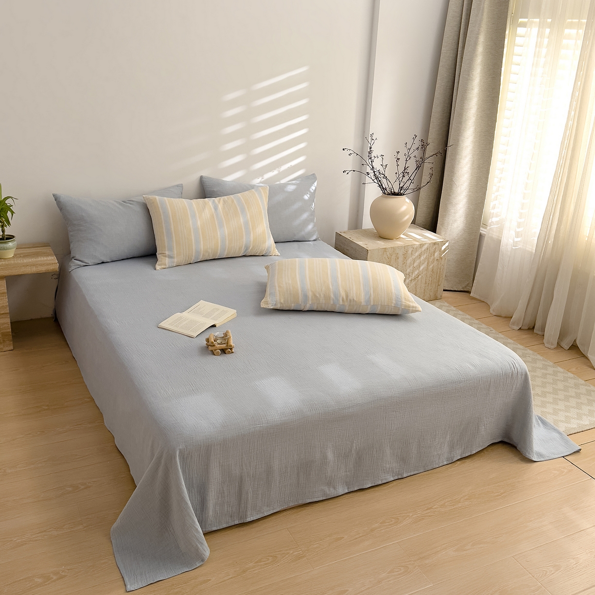 91家纺网 家纺一手货源 找家纺 DoDo 兜兜 2026年全棉纯棉A类色织皱皱纱床单单件 单床单 纯色-烟灰蓝