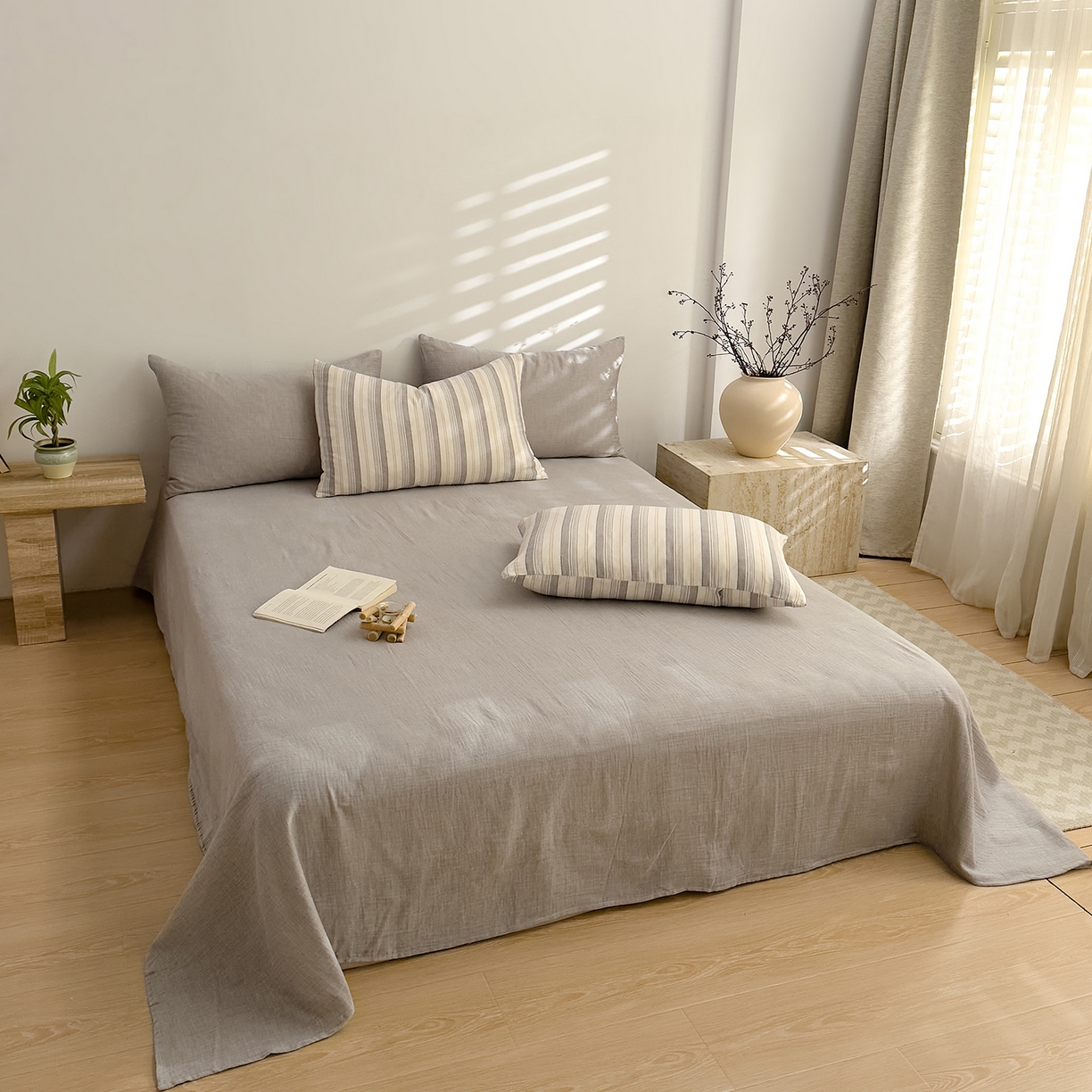 91家纺网 家纺一手货源 找家纺 DoDo 兜兜 2026年全棉纯棉A类色织皱皱纱床单单件 单床单 纯色-泡沫灰