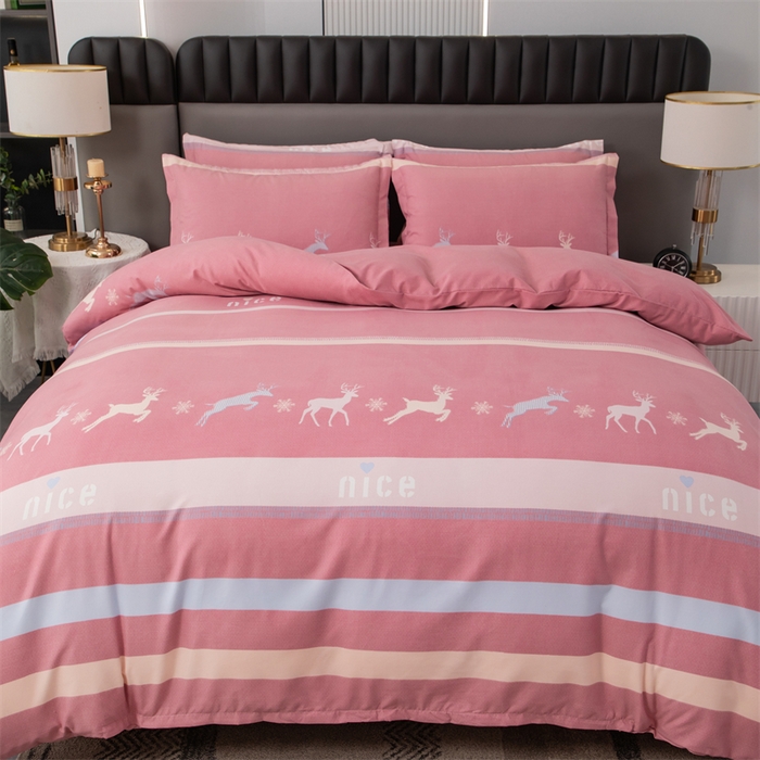 91家纺网 家纺一手货源 找家纺 佳宇轩 2026新款爆款140克独版植物羊绒加厚斜纹磨毛四件套 一鹿相伴