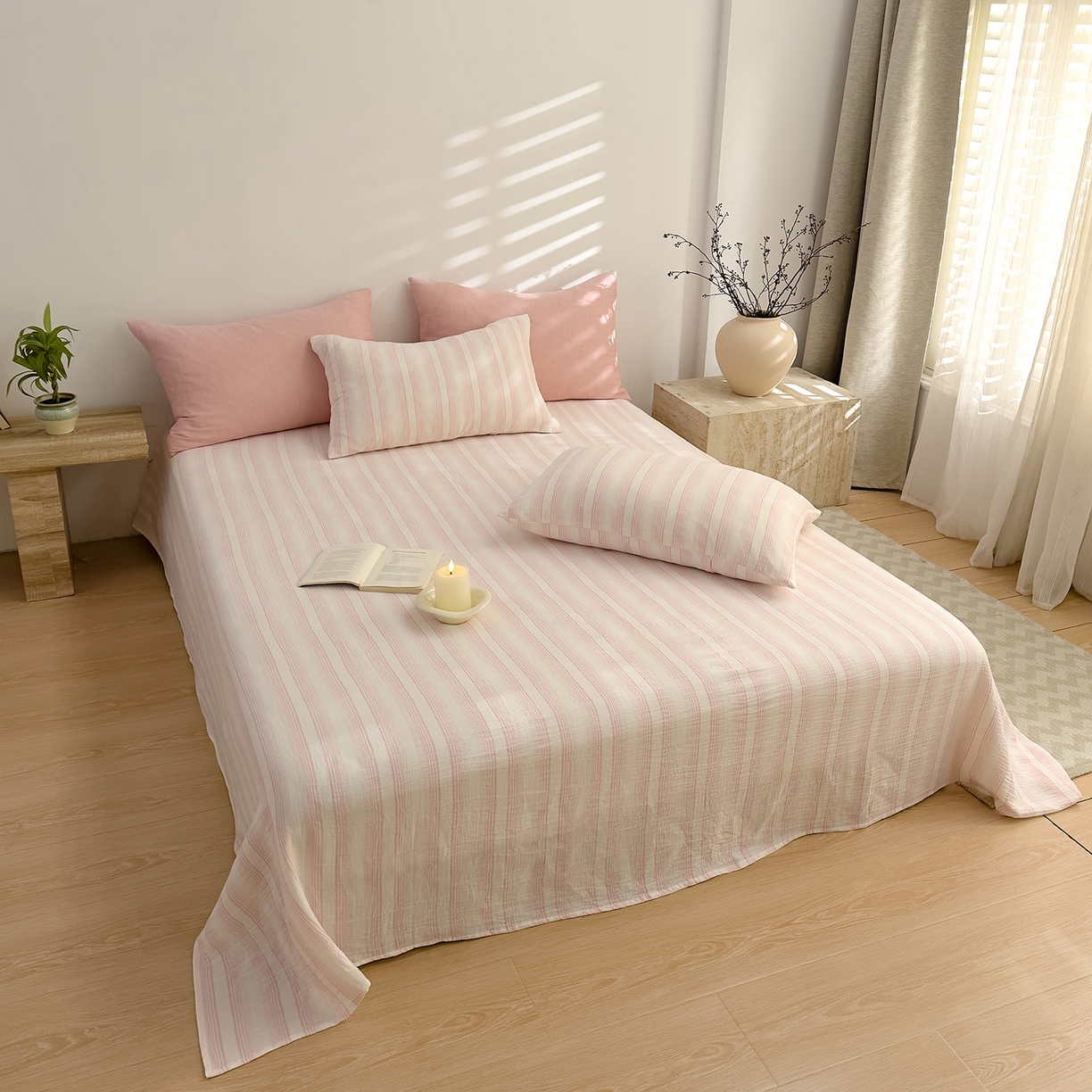 91家纺网 家纺一手货源 找家纺 DoDo 兜兜 2026年全棉纯棉A类色织皱皱纱床单单件 单床单 小半-粉