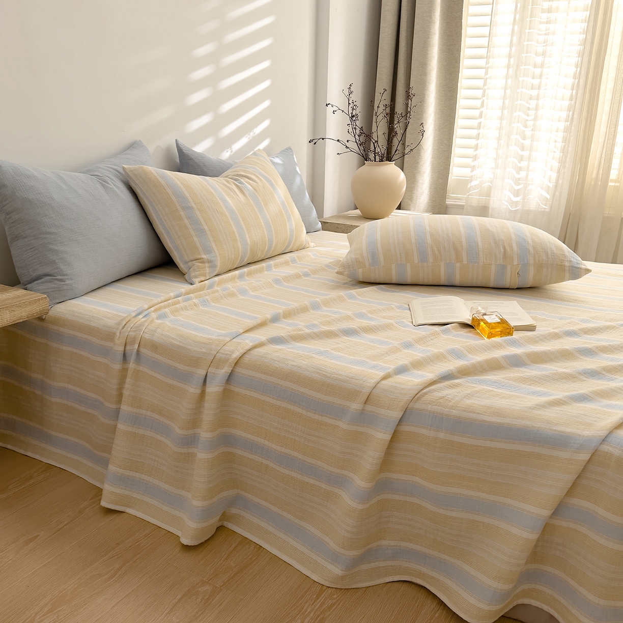 91家纺网 家纺一手货源 找家纺 DoDo 兜兜 2026年全棉纯棉A类色织皱皱纱床单单件 单床单 小半-蓝