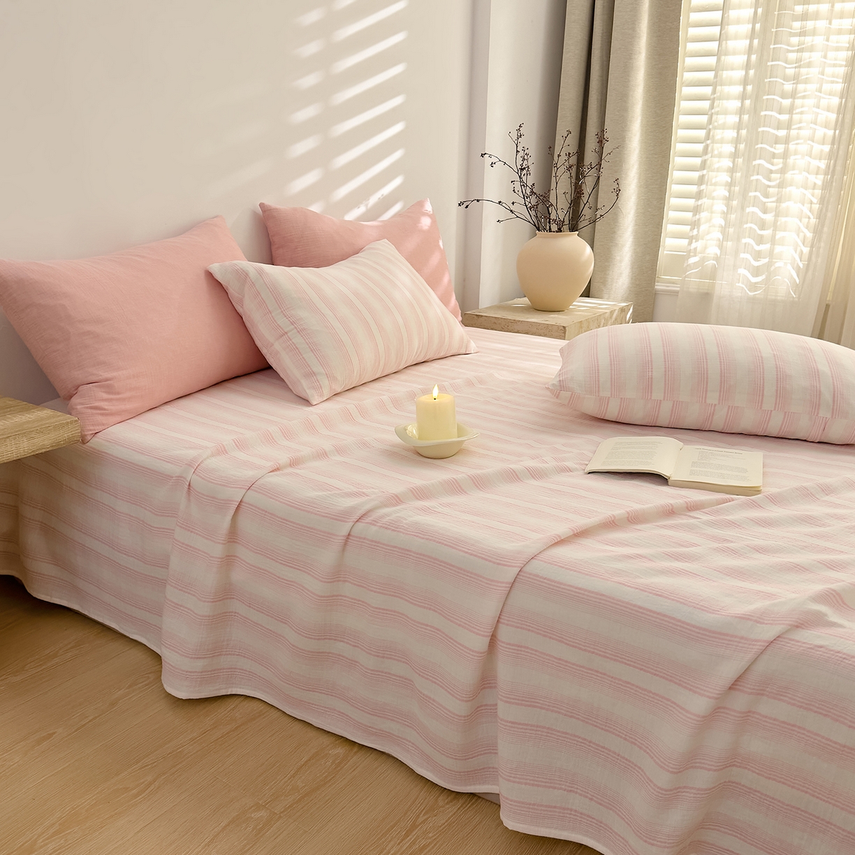 91家纺网 家纺一手货源 找家纺 DoDo 兜兜 2026年全棉纯棉A类色织皱皱纱床单单件 单床单 小半-粉