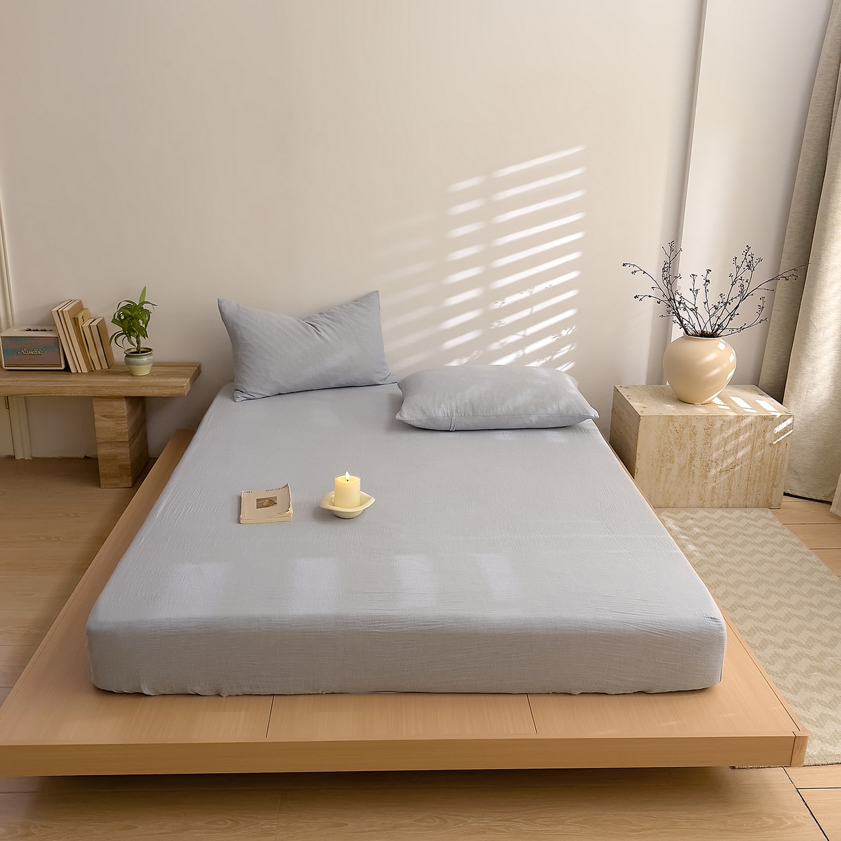 91家纺网 家纺一手货源 找家纺 DoDo 兜兜 2026新全棉纯棉A类色织皱皱纱单床笠单件床笠单品 纯色-烟灰蓝