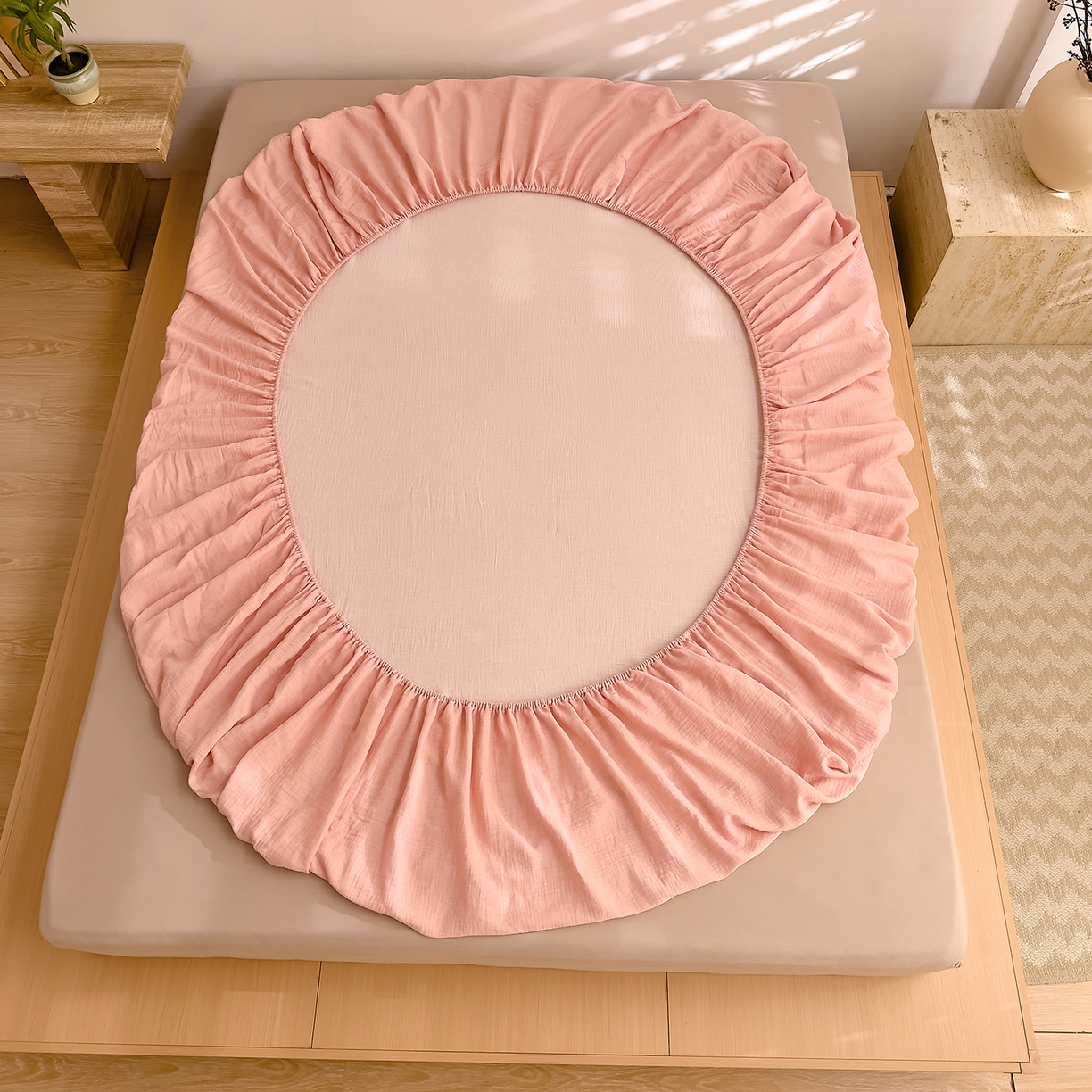 91家纺网 家纺一手货源 找家纺 DoDo 兜兜 2026新全棉纯棉A类色织皱皱纱单床笠单件床笠单品 纯色-芭乐粉