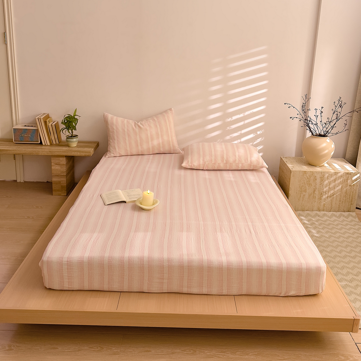 91家纺网 家纺一手货源 找家纺 DoDo 兜兜 2026新全棉纯棉A类色织皱皱纱单床笠单件床笠单品 小半-粉