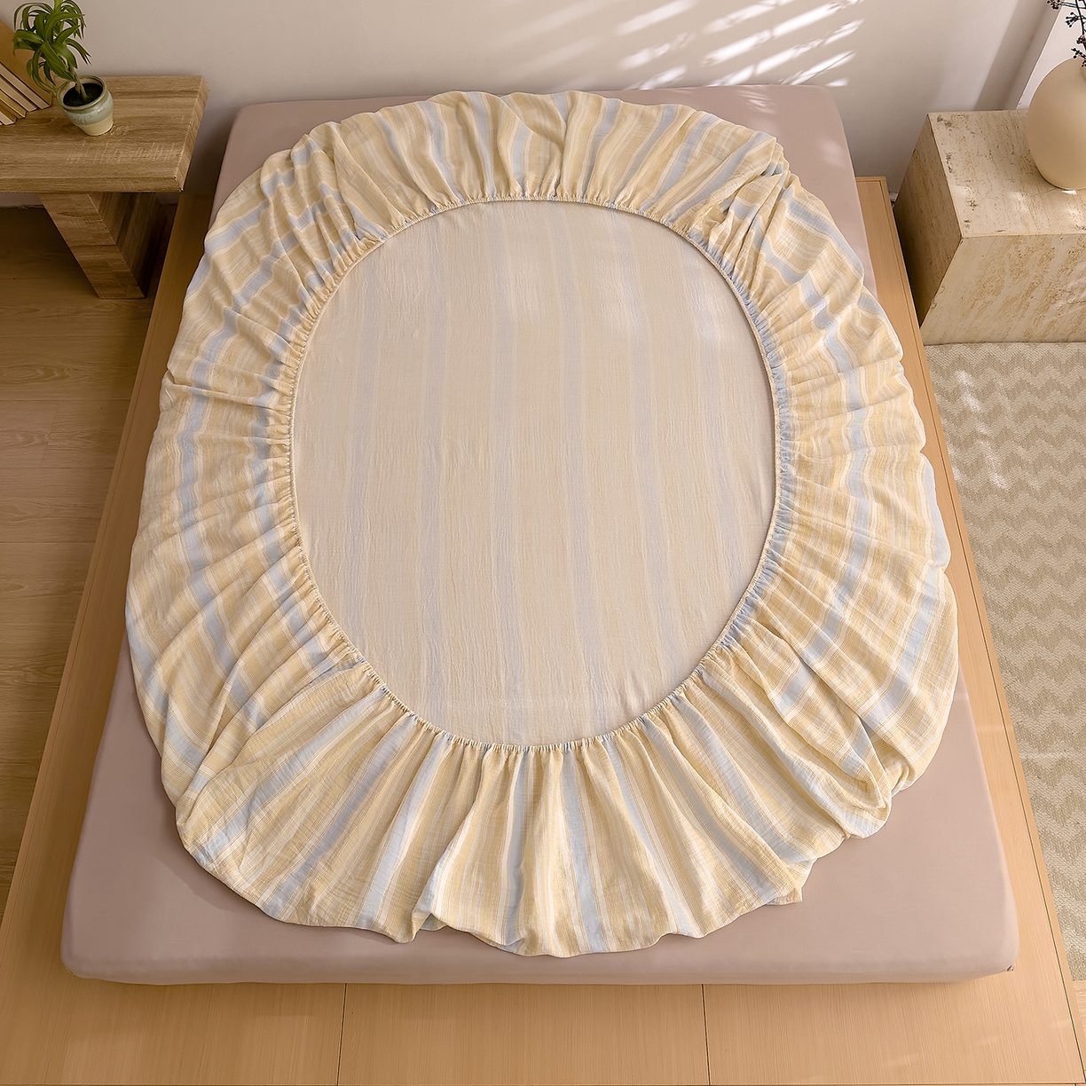 91家纺网 家纺一手货源 找家纺 DoDo 兜兜 2026新全棉纯棉A类色织皱皱纱单床笠单件床笠单品 小半-蓝