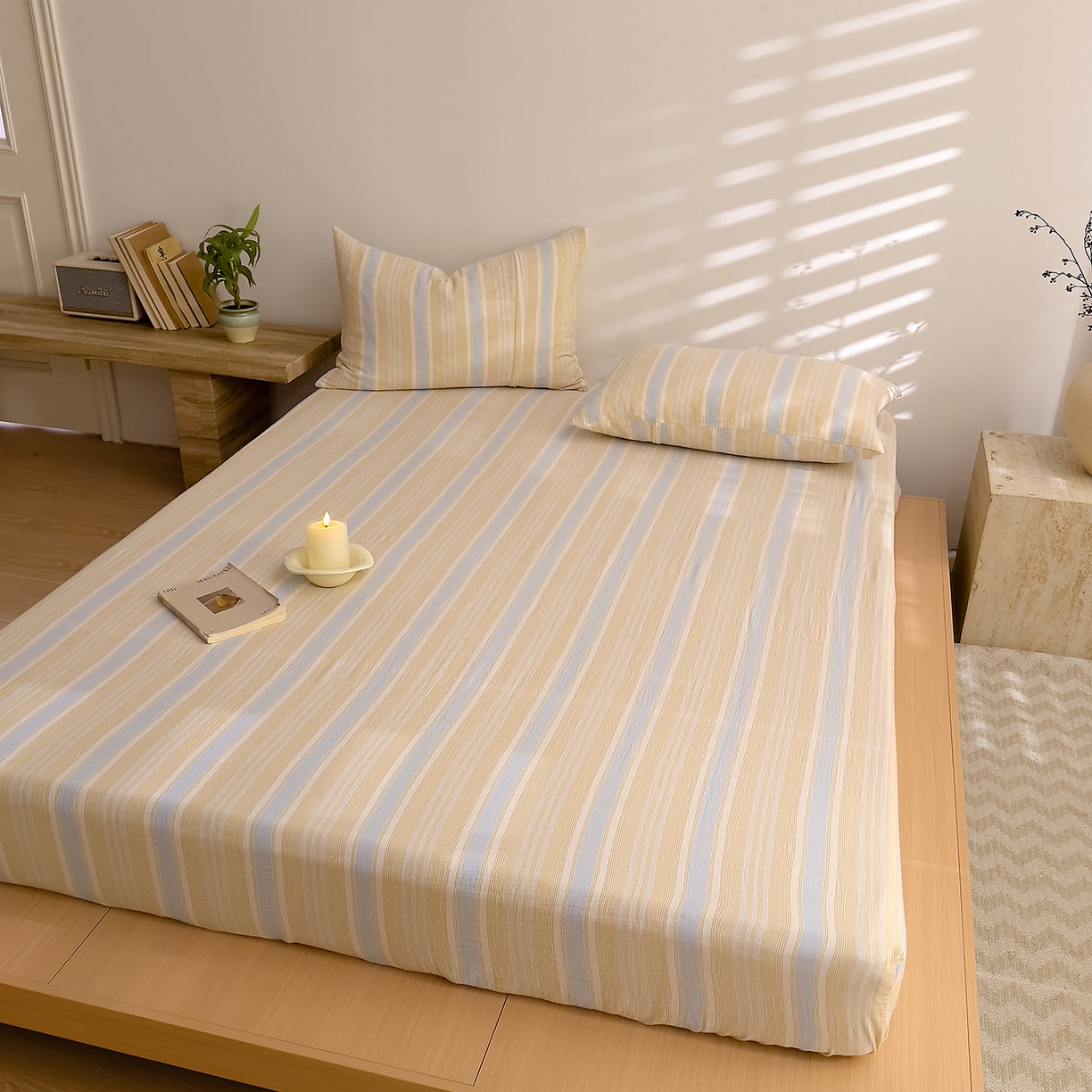 91家纺网 家纺一手货源 找家纺 DoDo 兜兜 2026新全棉纯棉A类色织皱皱纱单床笠单件床笠单品 小半-蓝