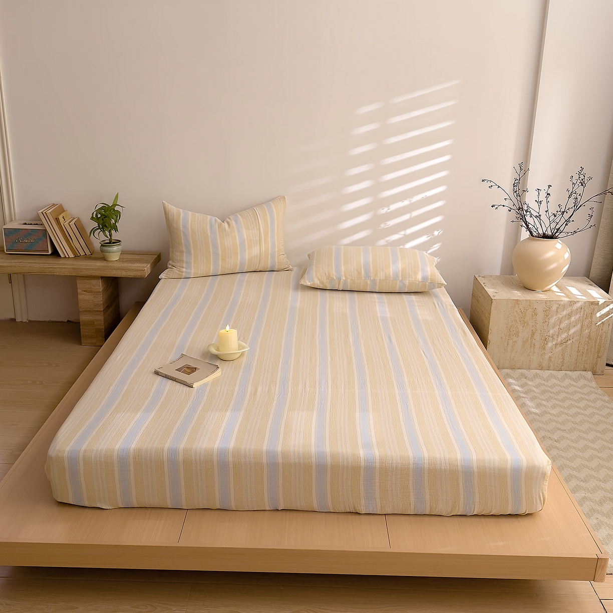 91家纺网 家纺一手货源 找家纺 DoDo 兜兜 2026新全棉纯棉A类色织皱皱纱单床笠单件床笠单品 小半-蓝