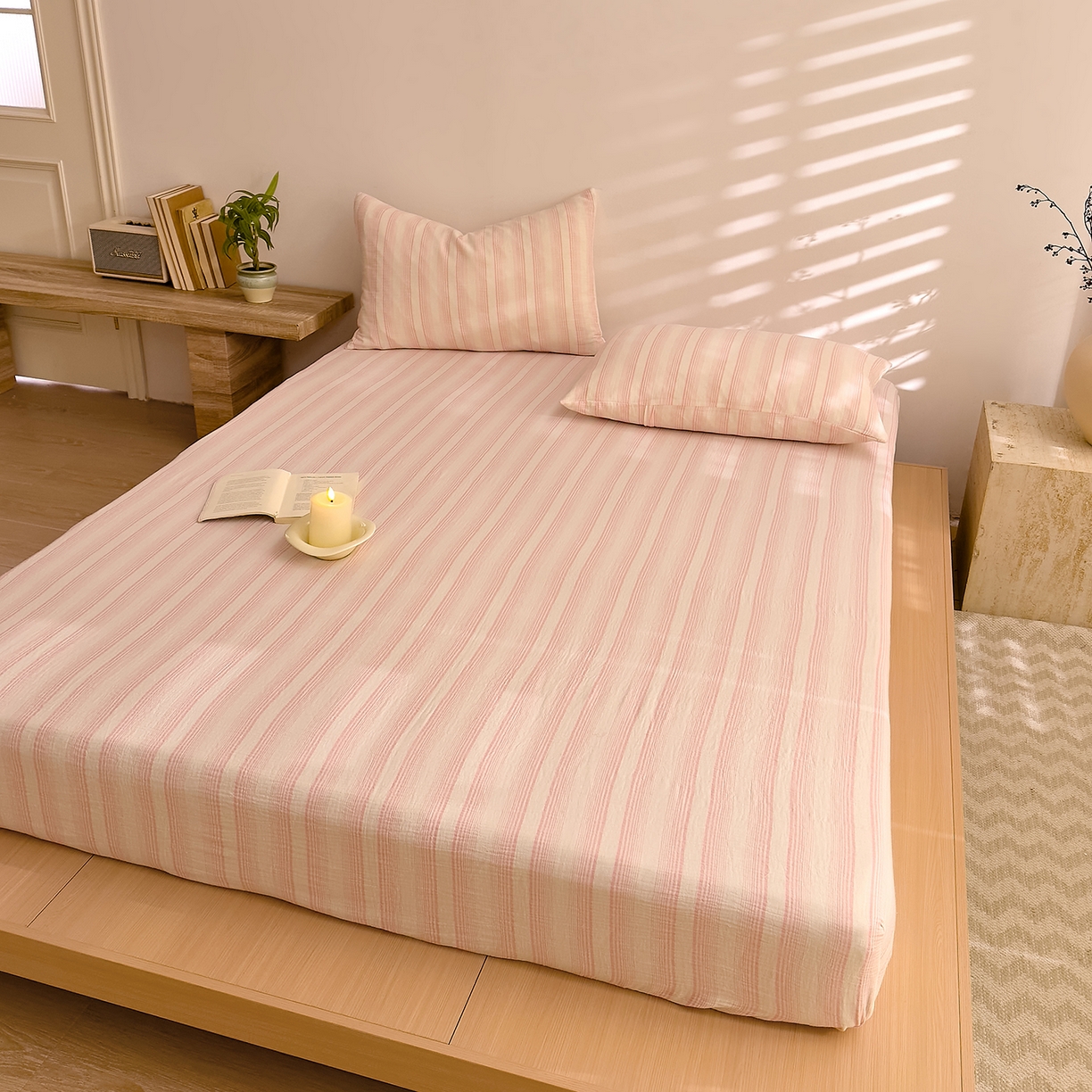 91家纺网 家纺一手货源 找家纺 DoDo 兜兜 2026新全棉纯棉A类色织皱皱纱单床笠单件床笠单品 小半-粉