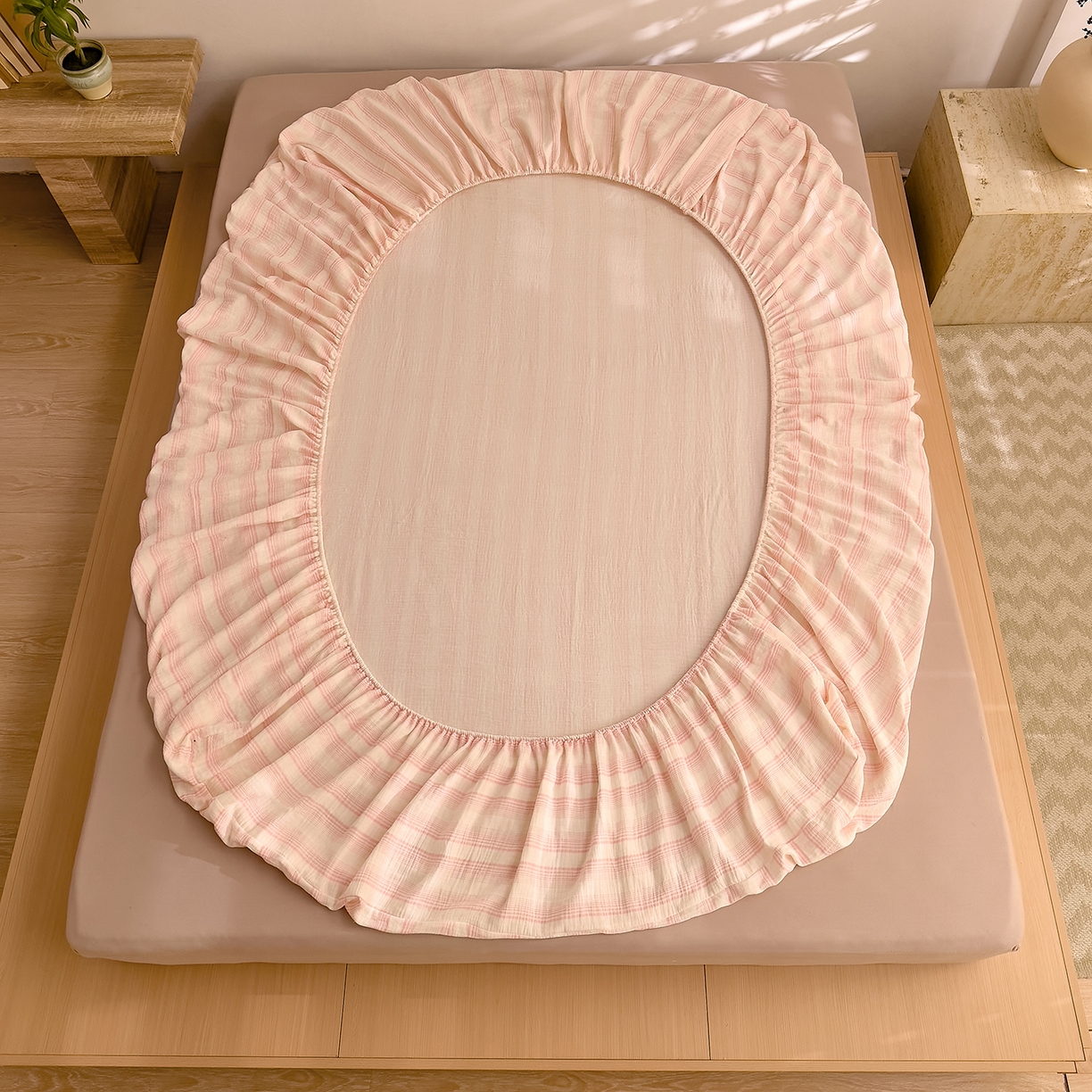 91家纺网 家纺一手货源 找家纺 DoDo 兜兜 2026新全棉纯棉A类色织皱皱纱单床笠单件床笠单品 小半-粉