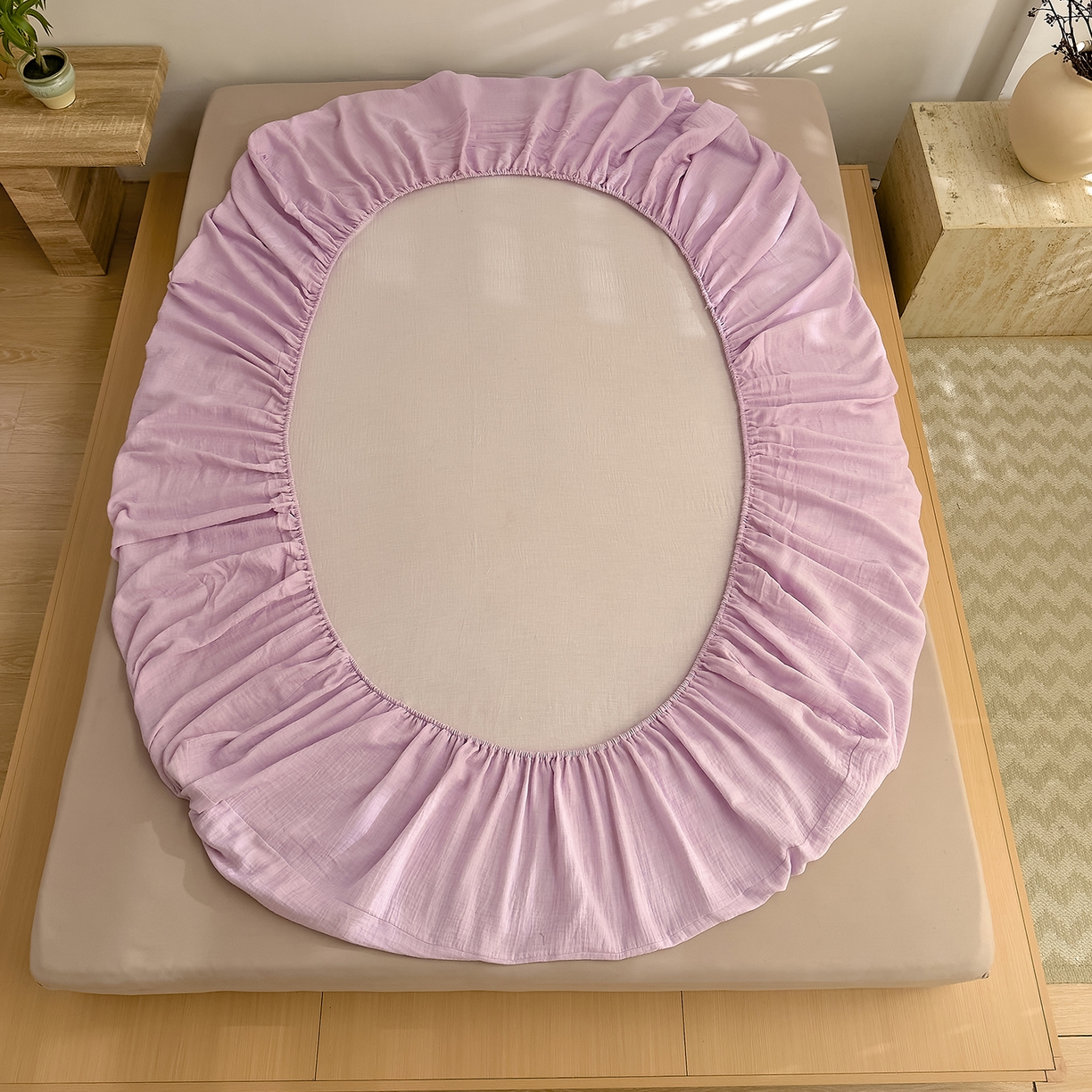 91家纺网 家纺一手货源 找家纺 DoDo 兜兜 2026新全棉纯棉A类色织皱皱纱单床笠单件床笠单品 纯色-柔幻紫