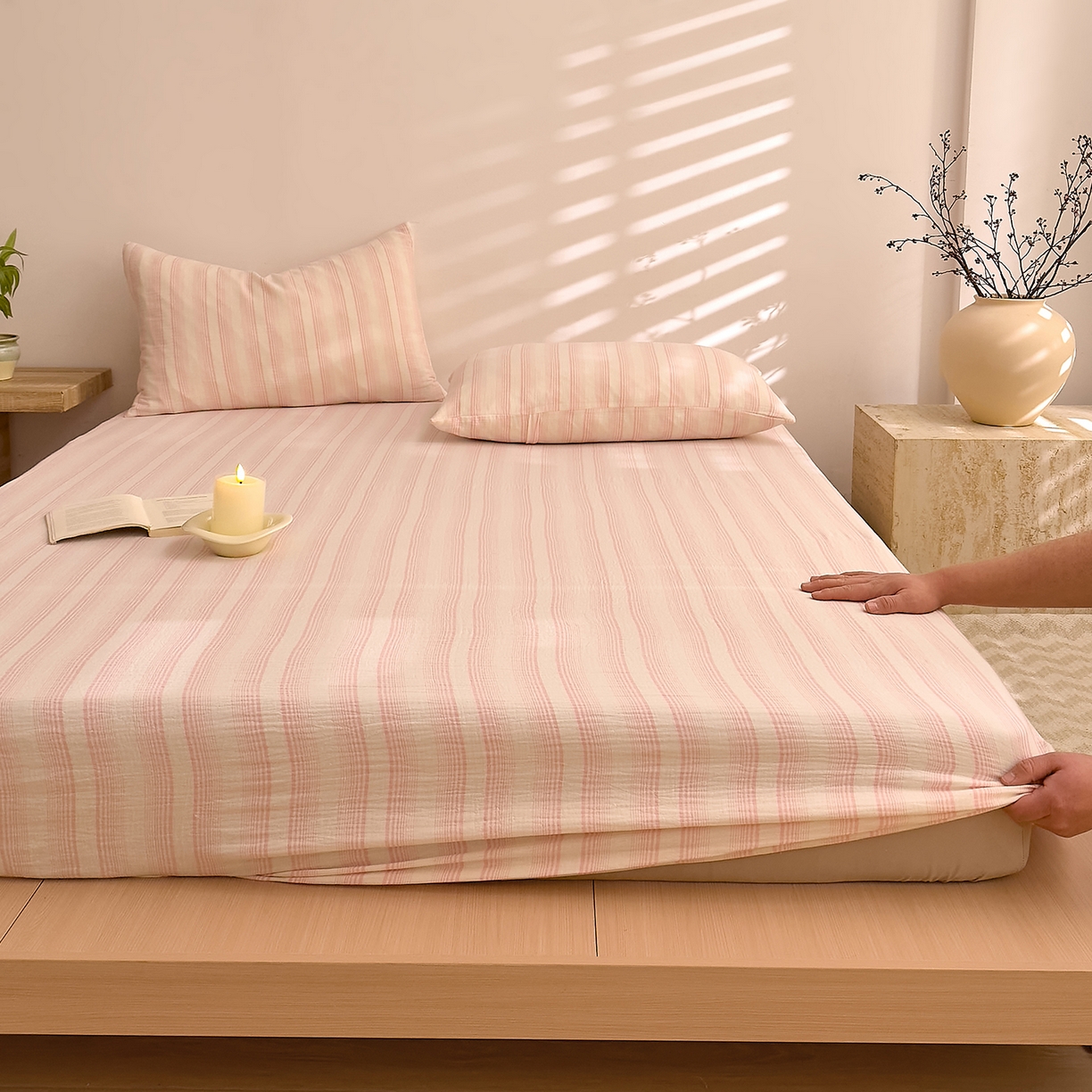 DoDo 兜兜 2026新全棉纯棉A类色织皱皱纱单床笠单件床笠单品 小半-粉