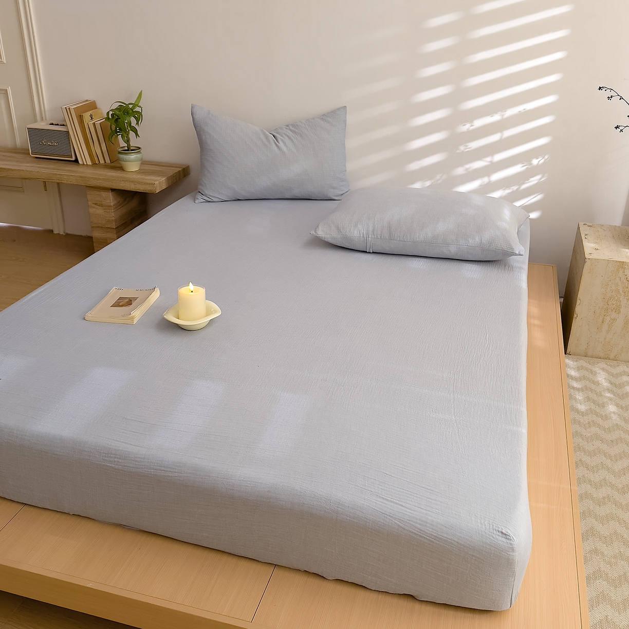 91家纺网 家纺一手货源 找家纺 DoDo 兜兜 2026新全棉纯棉A类色织皱皱纱单床笠单件床笠单品 纯色-烟灰蓝