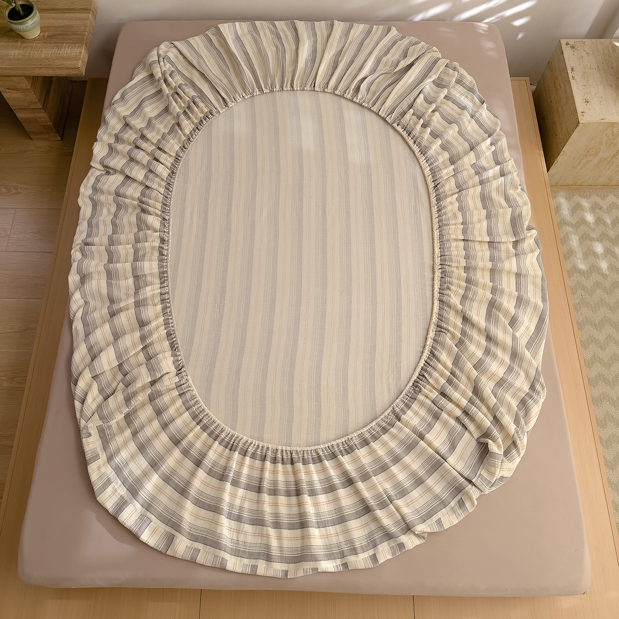 91家纺网 家纺一手货源 找家纺 DoDo 兜兜 2026新全棉纯棉A类色织皱皱纱单床笠单件床笠单品 小半-灰