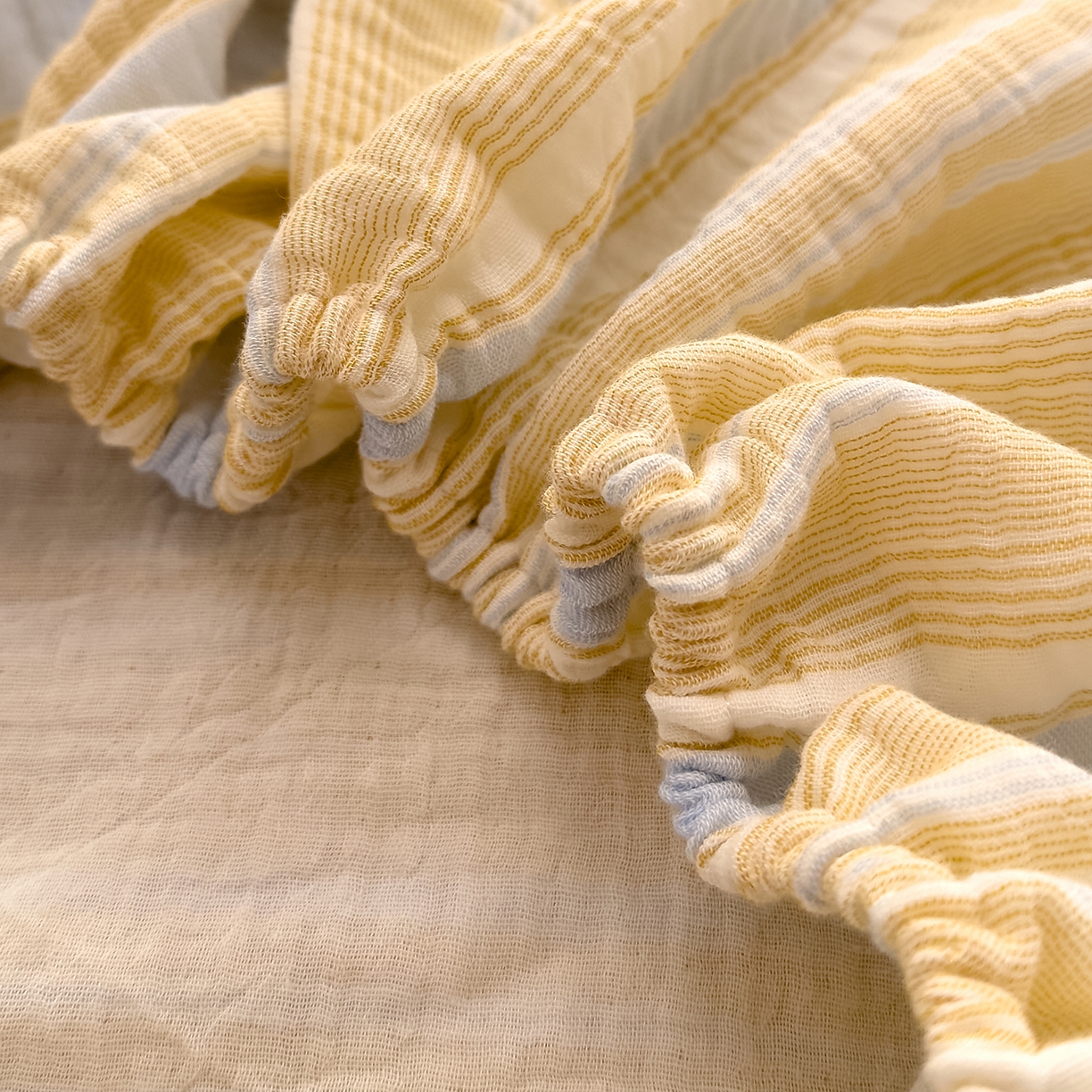 91家纺网 家纺一手货源 找家纺 DoDo 兜兜 2026新全棉纯棉A类色织皱皱纱单床笠单件床笠单品 小半-蓝