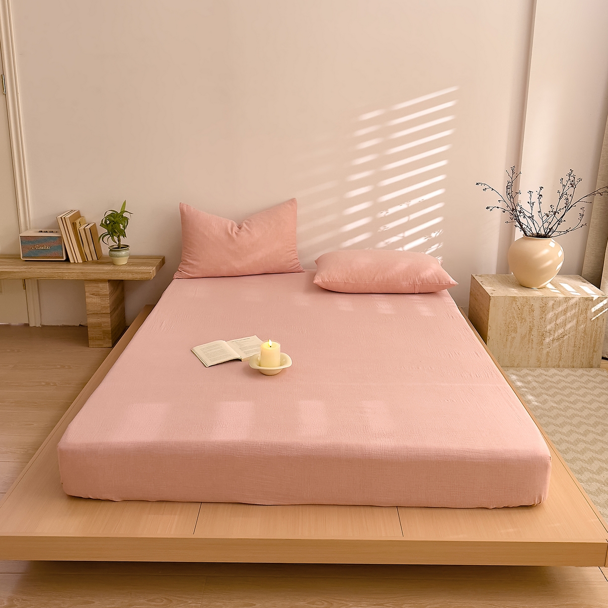 91家纺网 家纺一手货源 找家纺 DoDo 兜兜 2026新全棉纯棉A类色织皱皱纱单床笠单件床笠单品 纯色-芭乐粉