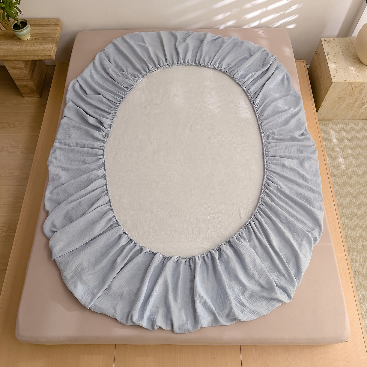 91家纺网 家纺一手货源 找家纺 DoDo 兜兜 2026新全棉纯棉A类色织皱皱纱单床笠单件床笠单品 纯色-烟灰蓝