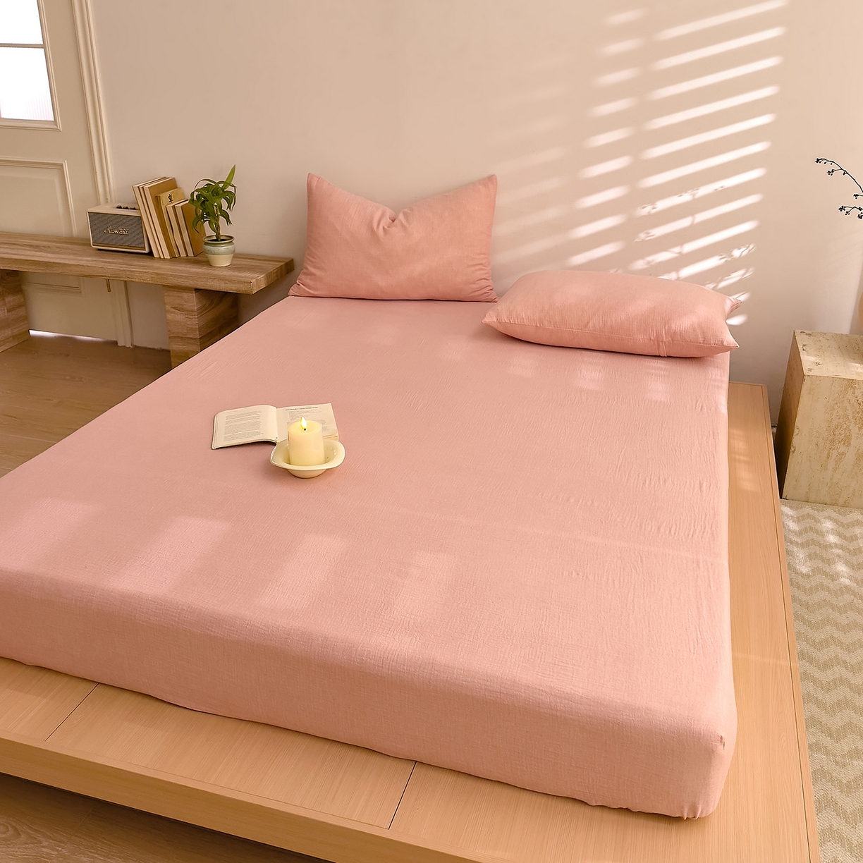 91家纺网 家纺一手货源 找家纺 DoDo 兜兜 2026新全棉纯棉A类色织皱皱纱单床笠单件床笠单品 纯色-芭乐粉