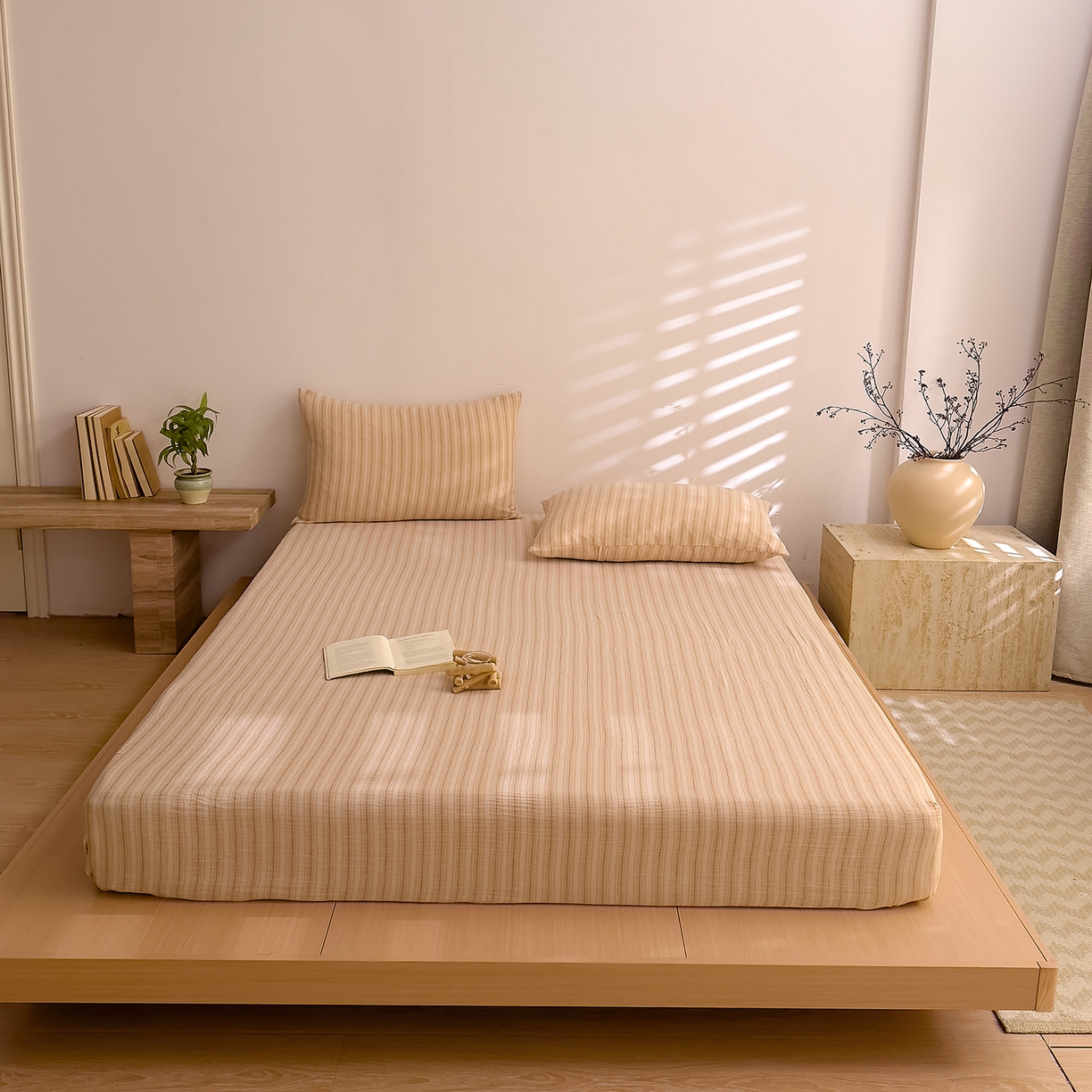 91家纺网 家纺一手货源 找家纺 DoDo 兜兜 2026新全棉纯棉A类色织皱皱纱单床笠单件床笠单品 小半-棕