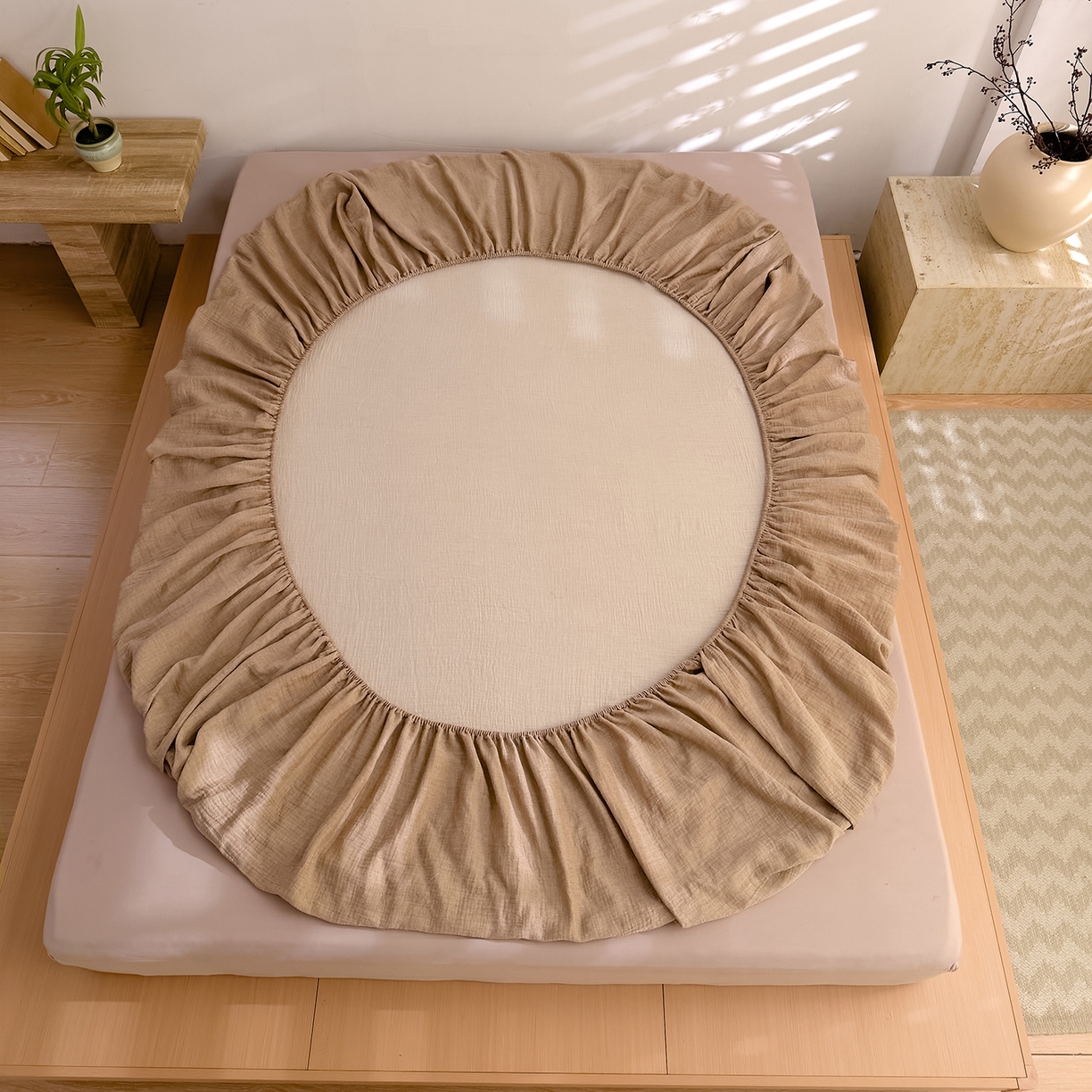 91家纺网 家纺一手货源 找家纺 DoDo 兜兜 2026新全棉纯棉A类色织皱皱纱单床笠单件床笠单品 纯色-奶茶棕