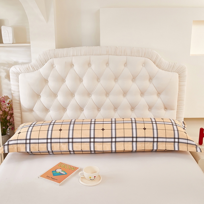 91家纺网 家纺一手货源 找家纺 三盛源 2026新款小清新全棉纯棉双人长枕套靠枕套加长枕芯套单件1.8米学生宿舍 迷宫格-咖